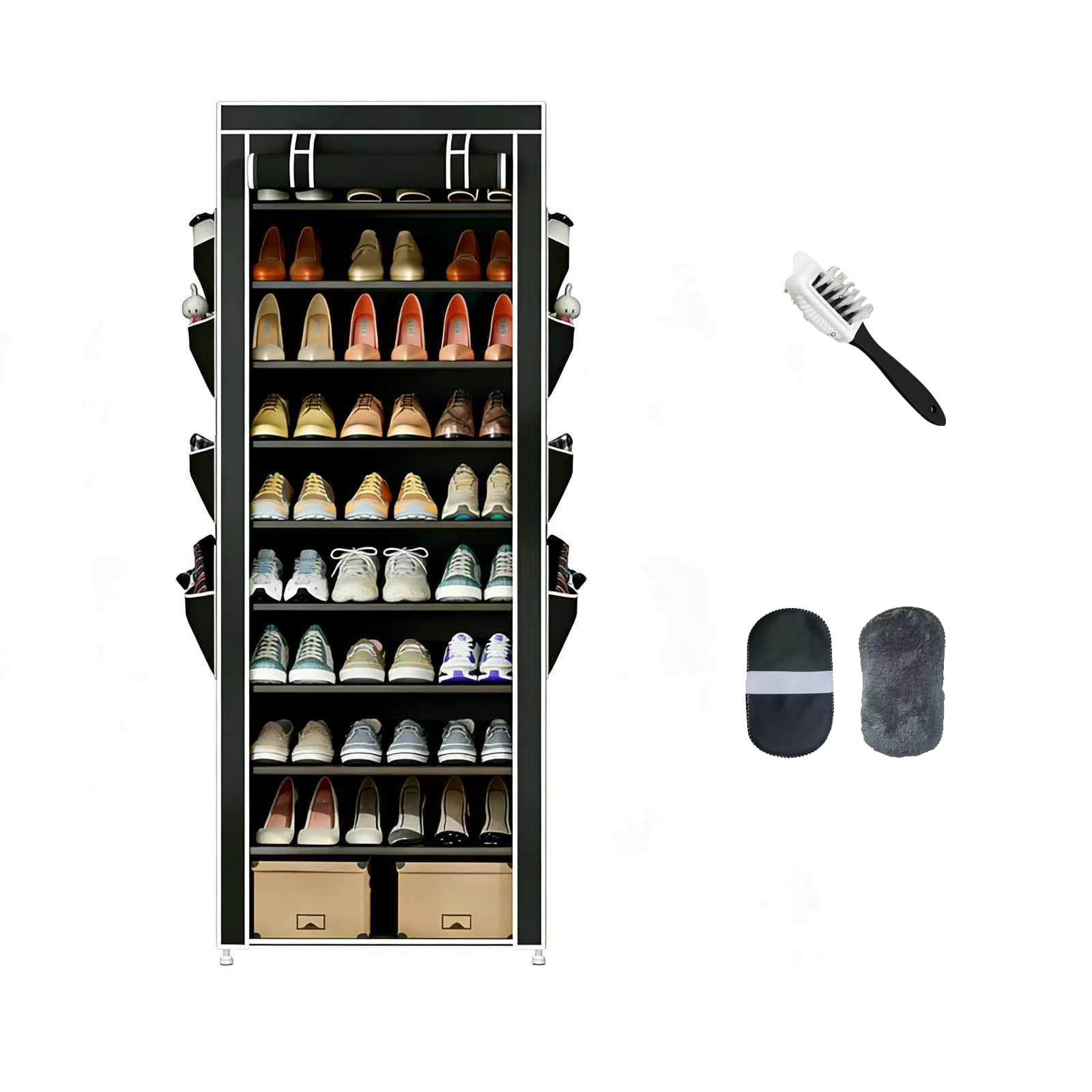 10-Tier Shoe Rack with Dustproof Cover, Large Capacity Shoes Storage Organizer Holds 30-38 Pairs, All-Season Zapateras Cabinet for Closet Entryway, Adjustable Shelves for Boots,Sneakers, Black