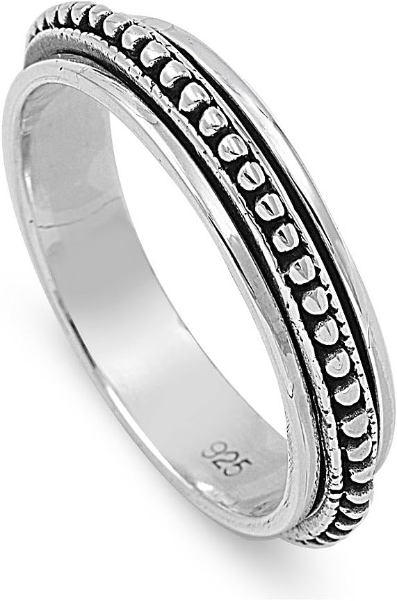SILVERCLOSEOUTRhodium Plated 925 Sterling Silver Unisex Oxidized Bali Style Fidget Spinner Anxiety Relief Ring Size 5-10