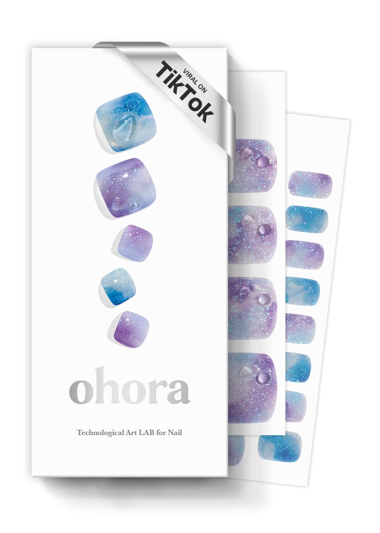 ohora Semi Cured Gel Pedi Strips (P Ajisai Drop) - Works with Any Nail Lamps, Salon-Quality, Long Lasting, Easy to Apply & Remove - Includes 2 Prep Pads, Nail File & Wooden Stick