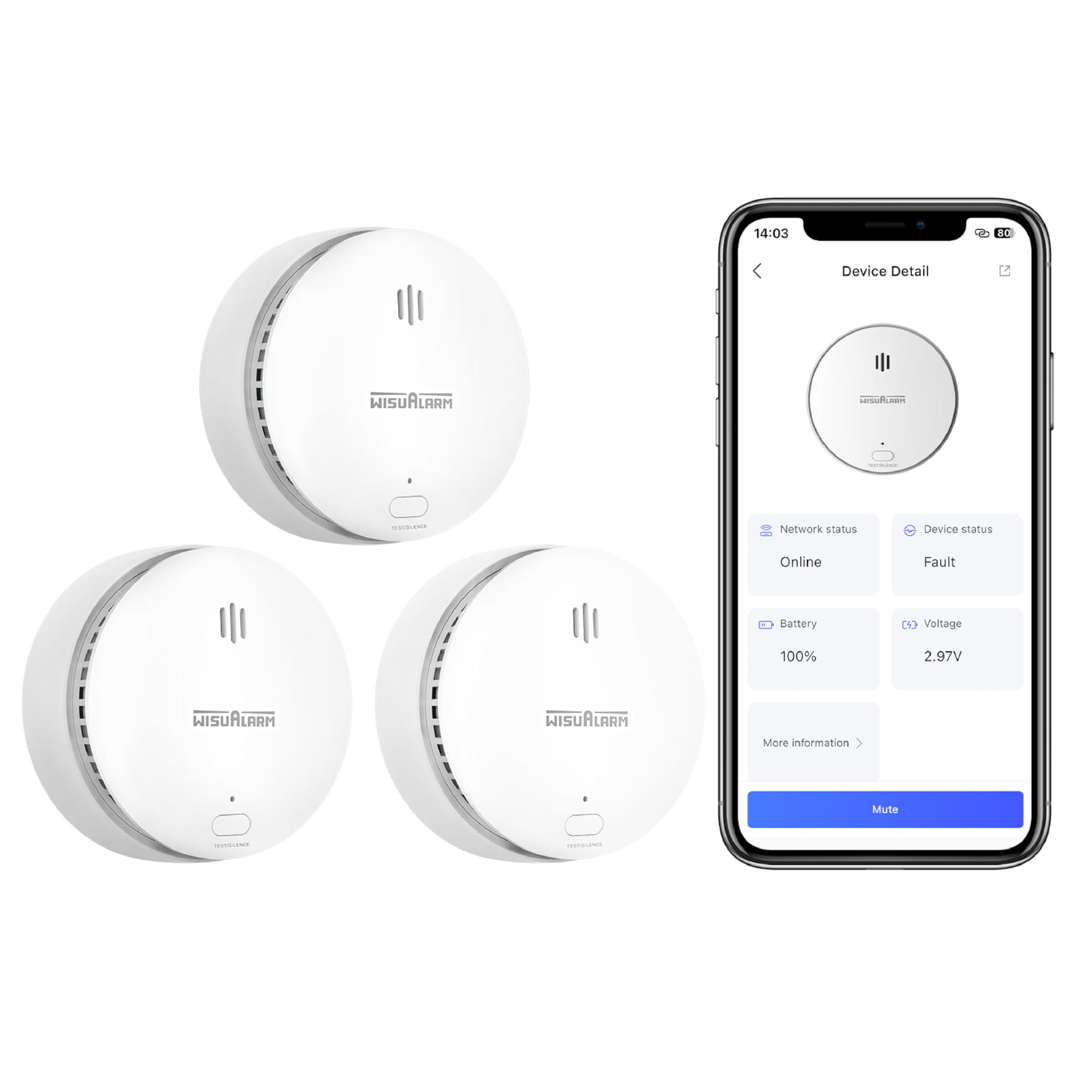 Wisualarm Smoke Alarm for Home, WiFi Smoke Alarm with Replaceable Battery, Smoke alarms Compatiable with Wisualarm App, Wifi Smoke Detector Certificated by TÜV Comply with EN 14604 (3 Pack)