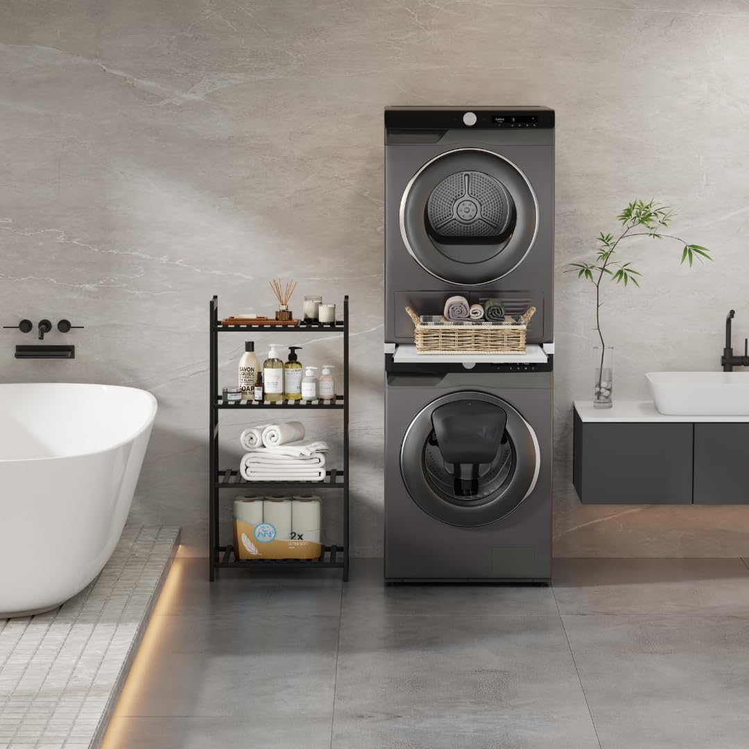 Ripiano Estraibile per Lavatrice e Asciugatrice 60x60 cm – Supporto Intermedio Salvaspazio con Binari in Alluminio, Piedini Antivibrazione, Cinghia di Sicurezza – Piano Piegabiancheria Robusto