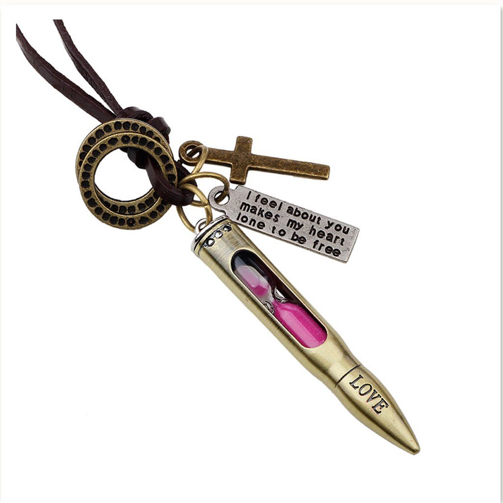 Men’s Women’s Blue Pink Bullet Shape Hourglass Cross Pendant Necklace, Cuff Adjustable Length : 44CM-56CM