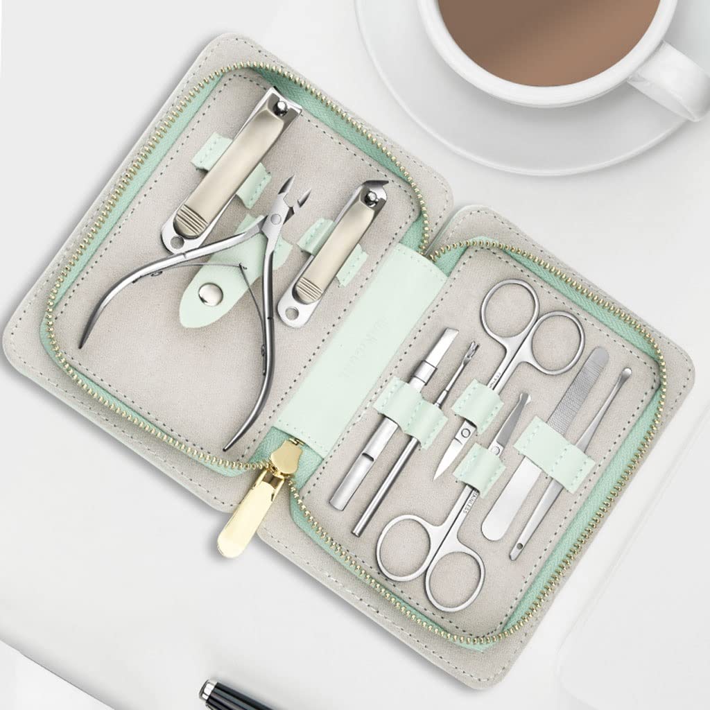 Juego de manicura, Juego de uñas, Juego de uñas de acero inoxidable de 9 piezas Juego de uñas de pedicura profesional for el hogar Juego de belleza de viaje portátil con bolsa de moda portátil Kit de