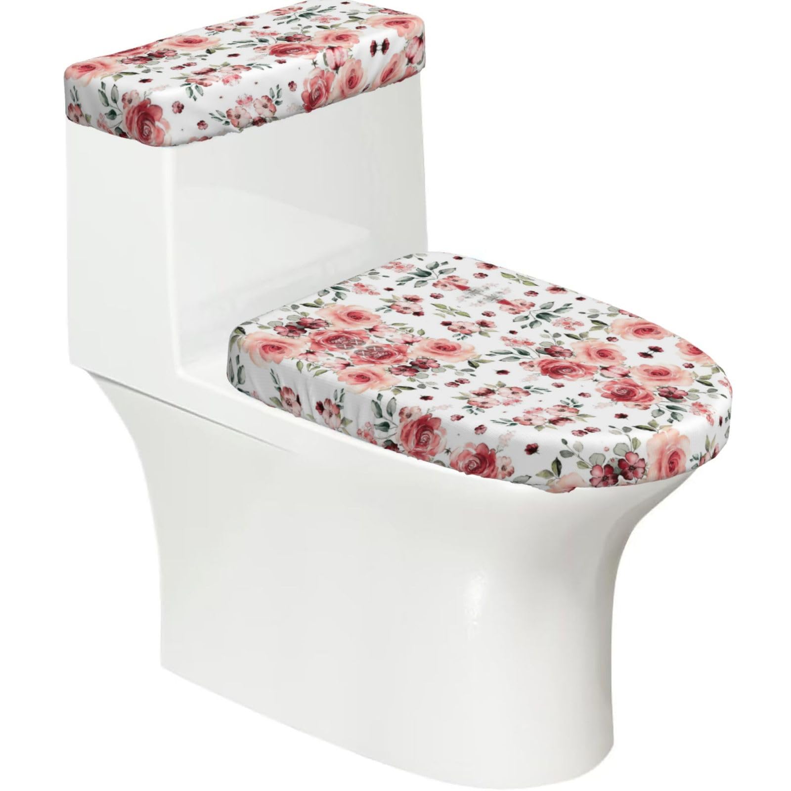 Blossoming Rose Flowers Printed Toilet Tank and Lid Cover Set of 2 for Most Bathrooms, Fits Elongated Round Toilets