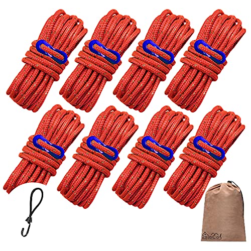 DaLaCa パラコード テントロープ タープロープ ガイロープ 反射材入り 太さ 4mm 長さ 4m 6本 / 8本 / 10本 セット 耐荷重 300kg 自在金具 収納袋 ストレッチコード 付き