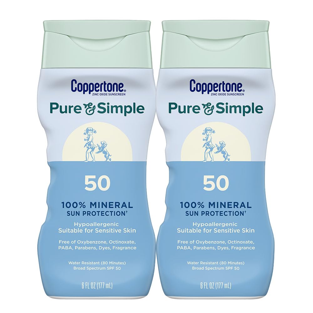 Coppertone Pure and Simple Sunscreen Lotion, Zinc Oxide Mineral Sunscreen Lotion, Spf 50 Sunscreen, Hypoallergenic, 6 Oz, Pack of 2