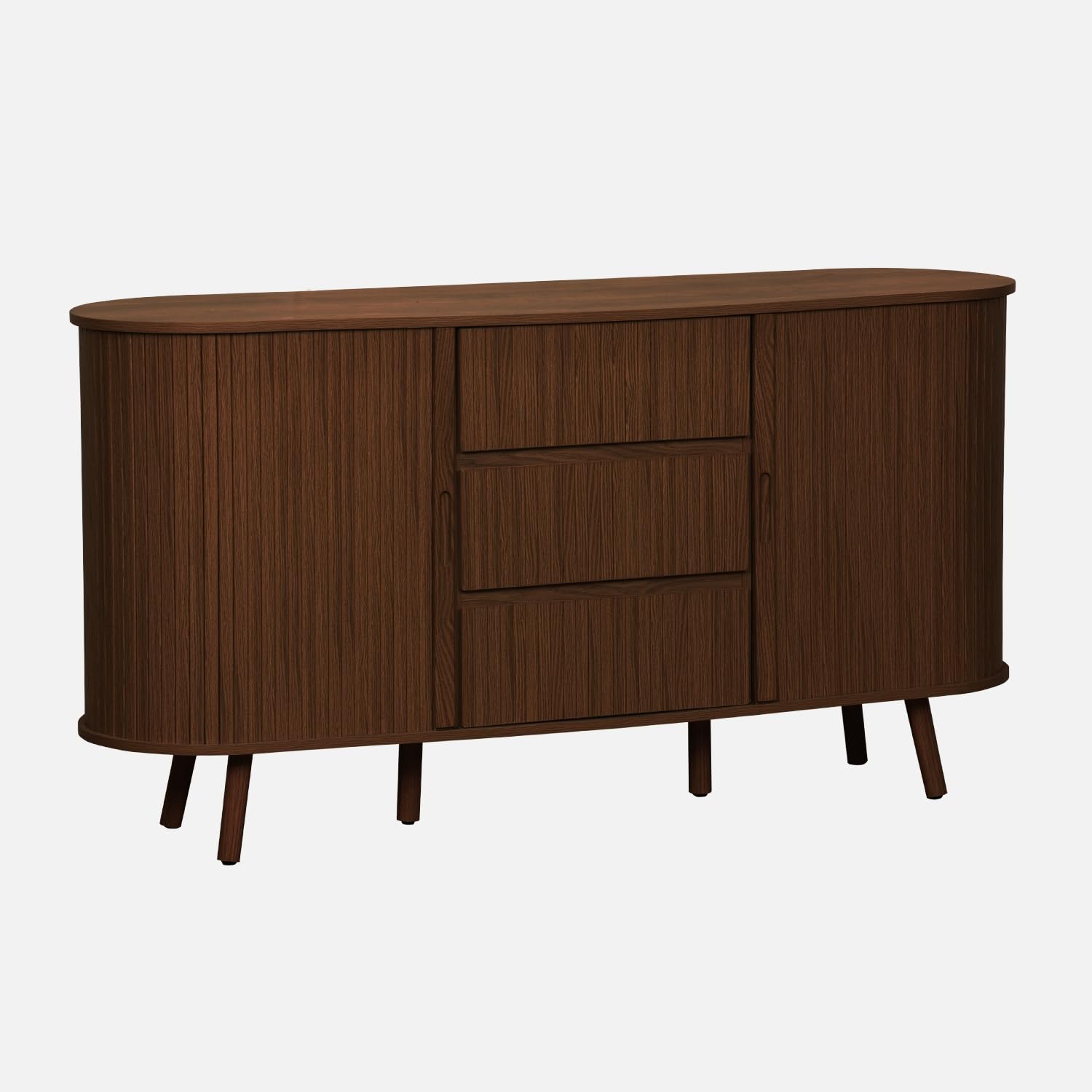 Alice's Garden sweeek - Buffet scandinave Ovale 2 Portes coulissantes. 4 Compartiments. 3 tiroirs. décor Bois rainuré. Teinte Noyer. L 150 x P 40 x H 79cm