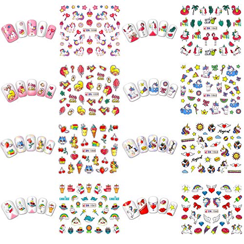 12 Blatt Nagelsticker Einhorn, VETPW Nagelaufkleber Wassertransfer Nagel Abziehbilder mit Muster Regenbogen Früchten… – Bild 2