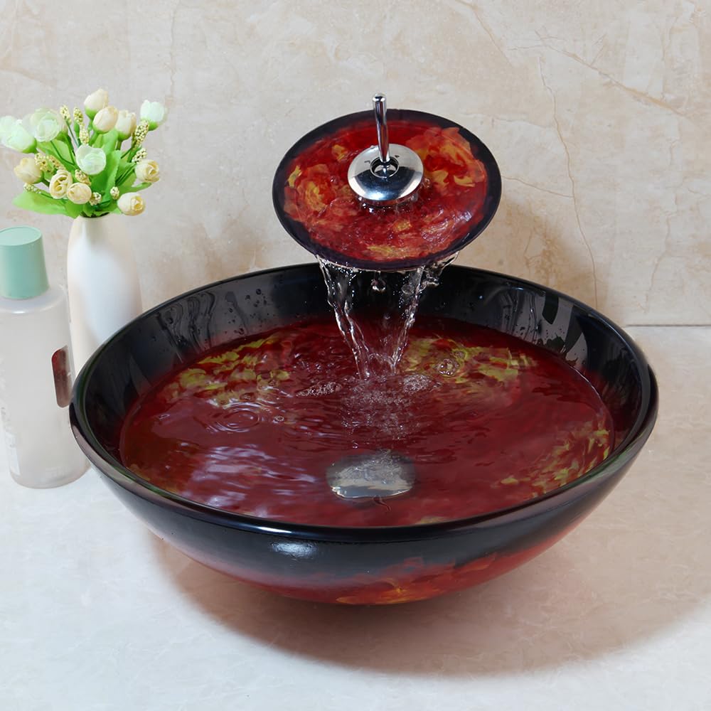 Fregadero de vidrio rojo con grifo y drenaje Combo de lavabo de vidrio templado de 16 pulgadas sobre encimera, cuenco redondo para