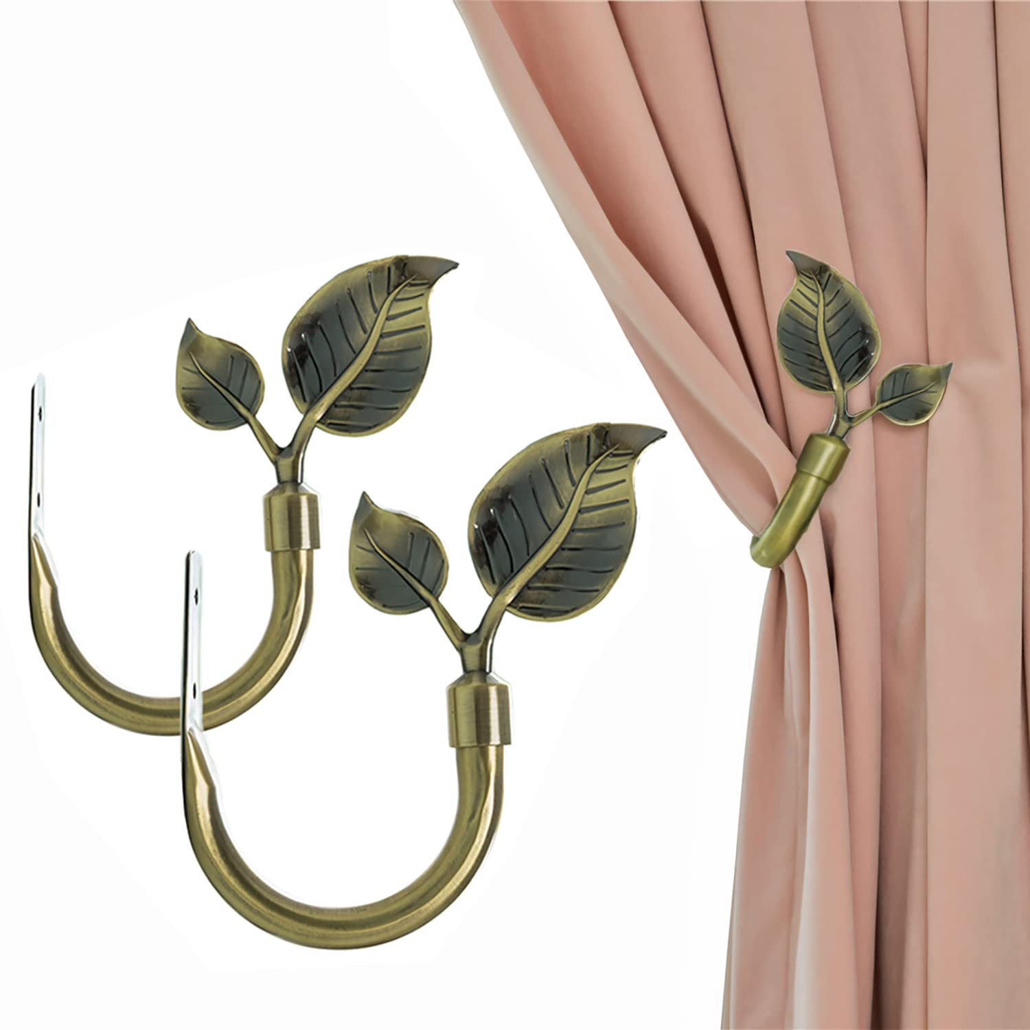 HIKMLKLeaf Shaped Curtain Holdbacks 2pcs, Handmade Metal Curtain Side Holders for Wall, Antique Bronze Brass Curtain Tieback Hook Pull Backs for Drapes Window Home Decoration