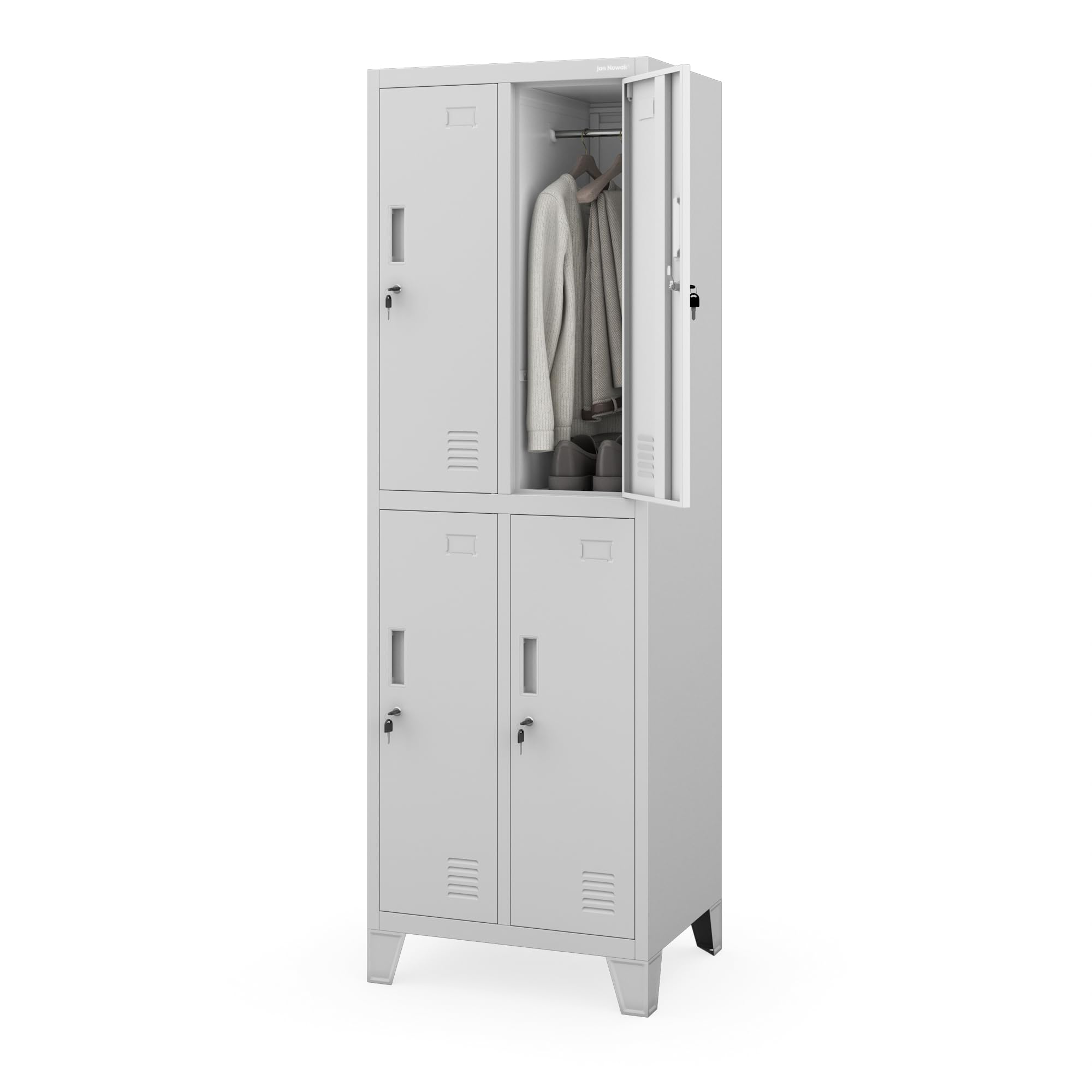 Jan Nowak Spind Metall Schliessfachschrank 4 Fächer Metallschrank abschliessbar 56 x 172 x 45 cm Sozialschrank mit Belueftung Kleiderstange Personalspind