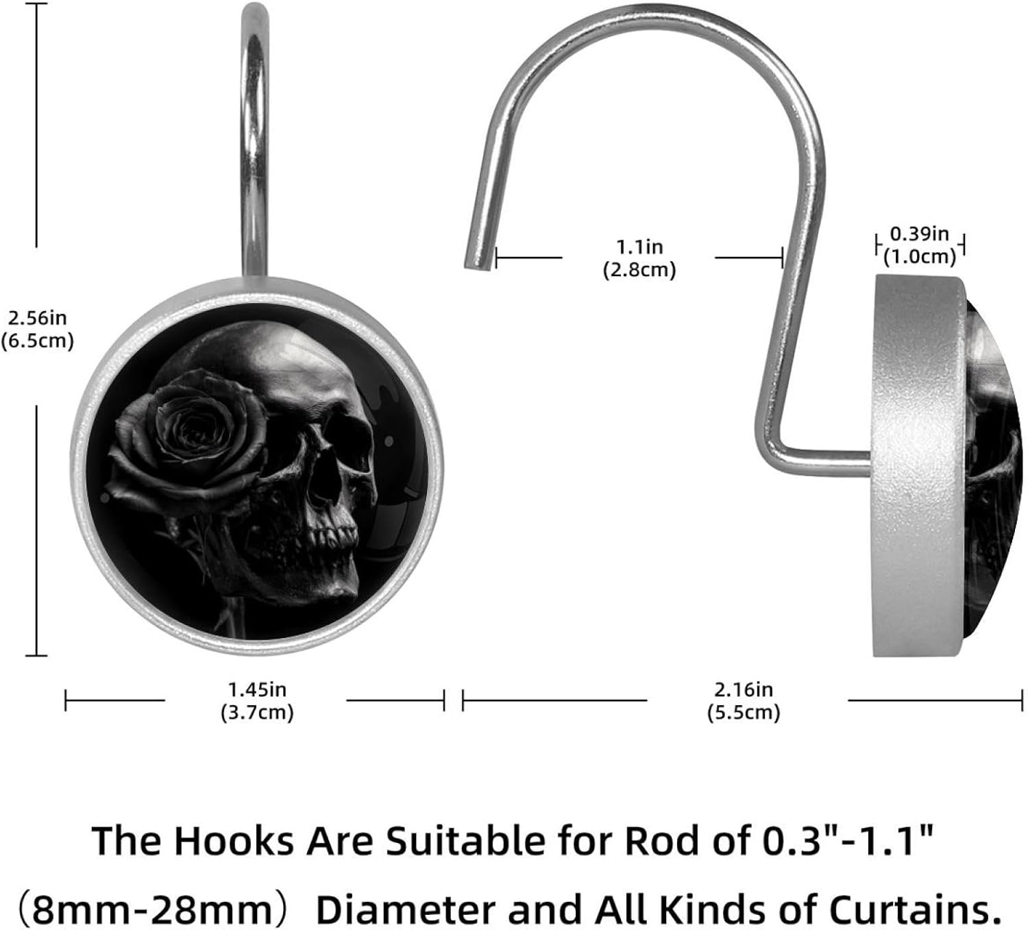 12PCS Skull Rose Flower Black (2) Shower Curtain Hooks Rings for Bathroom, Decorative Shower Curtain Hooks Rods Curtains and Liner