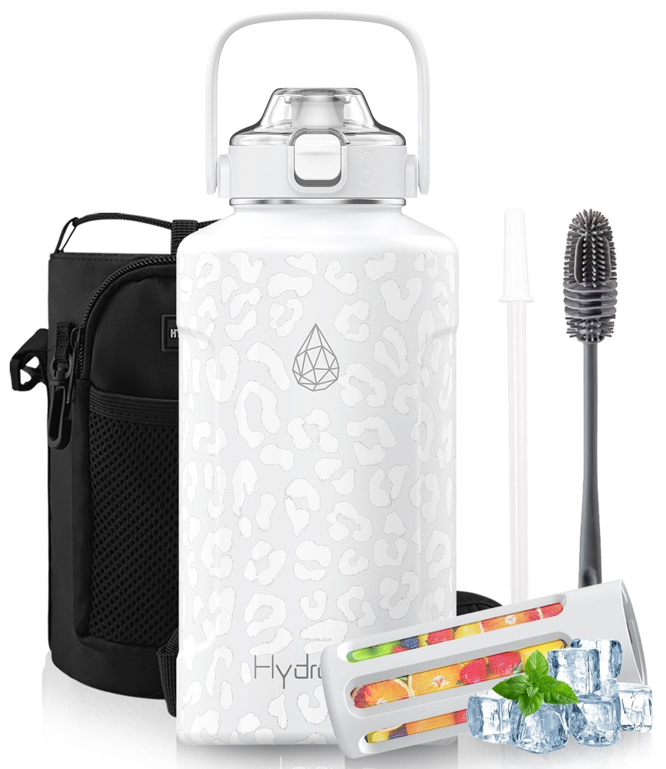 Edelstahl-Wasserflasche, isoliert, mit AutoLock-Auslaufdeckel, Pop-Up-Strohhalm, Fruchteinsatz und Tragegurt, Metall-Wasserkrug mit breiter Öffnung, auslaufsicher, 1,8 l, Weiß (Leopardenmuster,