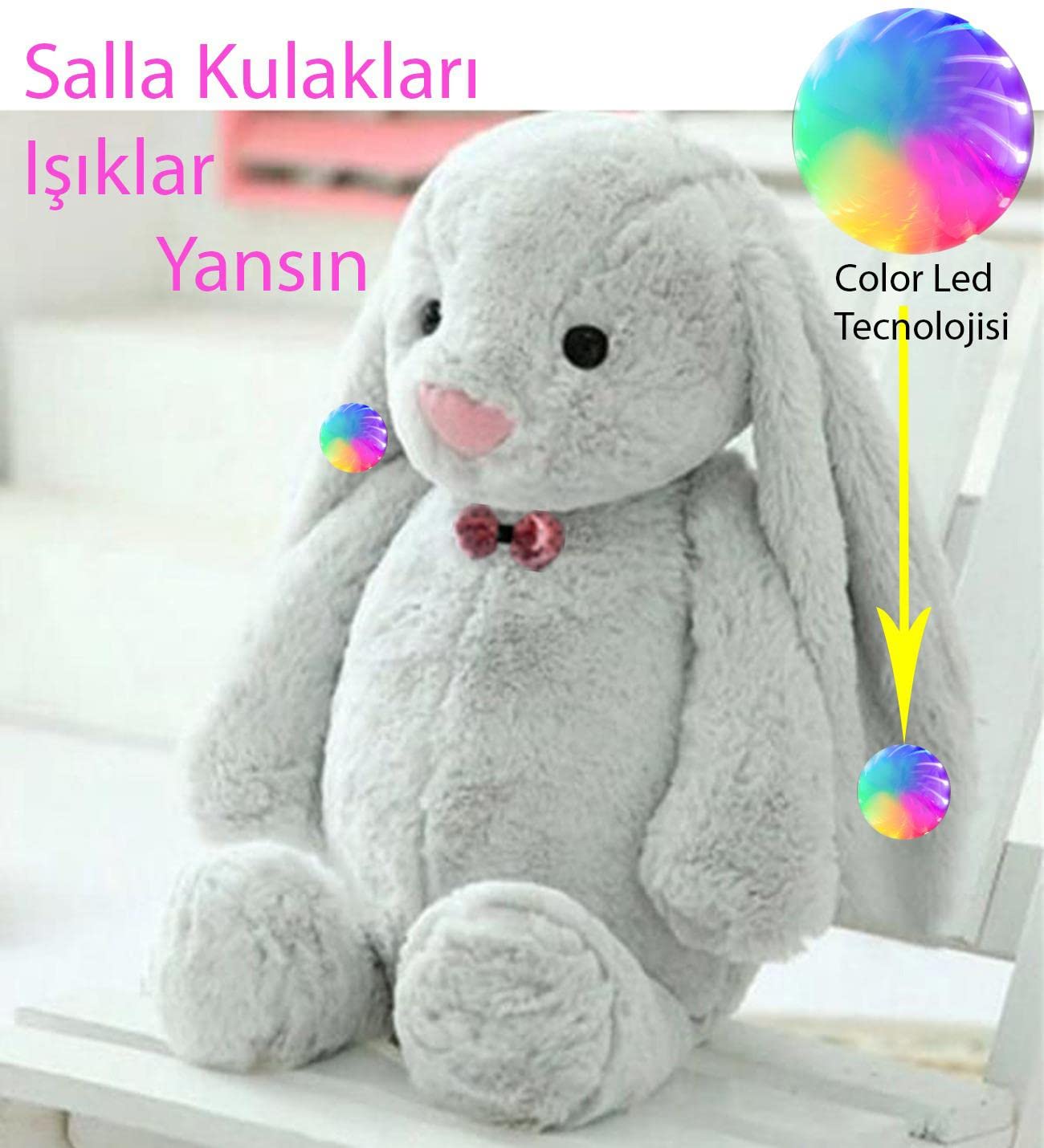 LED IŞIKLI, Uyku Arkadaşı Uzun Kulak Bunny Peluş Tavşan 65cm Gri