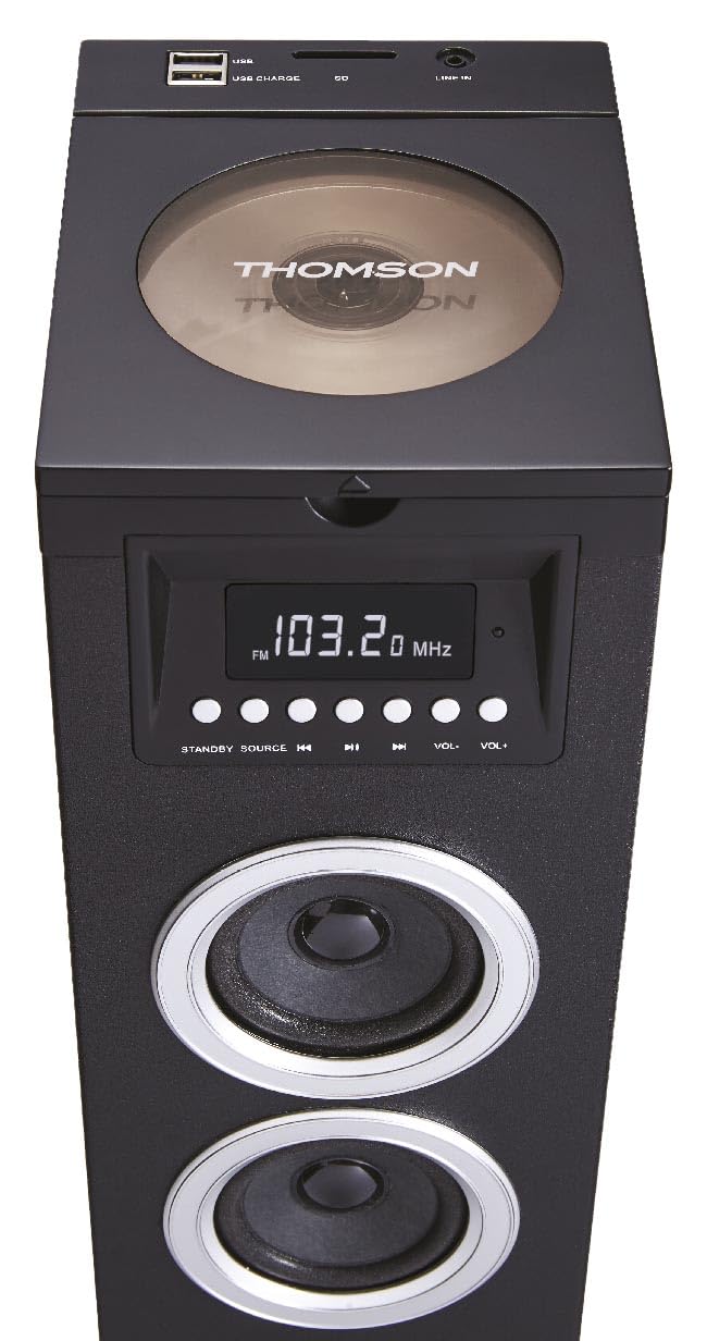 THOMSON Tour de Son Bluetooth avec Lecteur CD, Enceinte Colonne Hifi 60W, Radio FM, Port Aux et USB, MP3 et Affichage LED - Noir - DS120CD