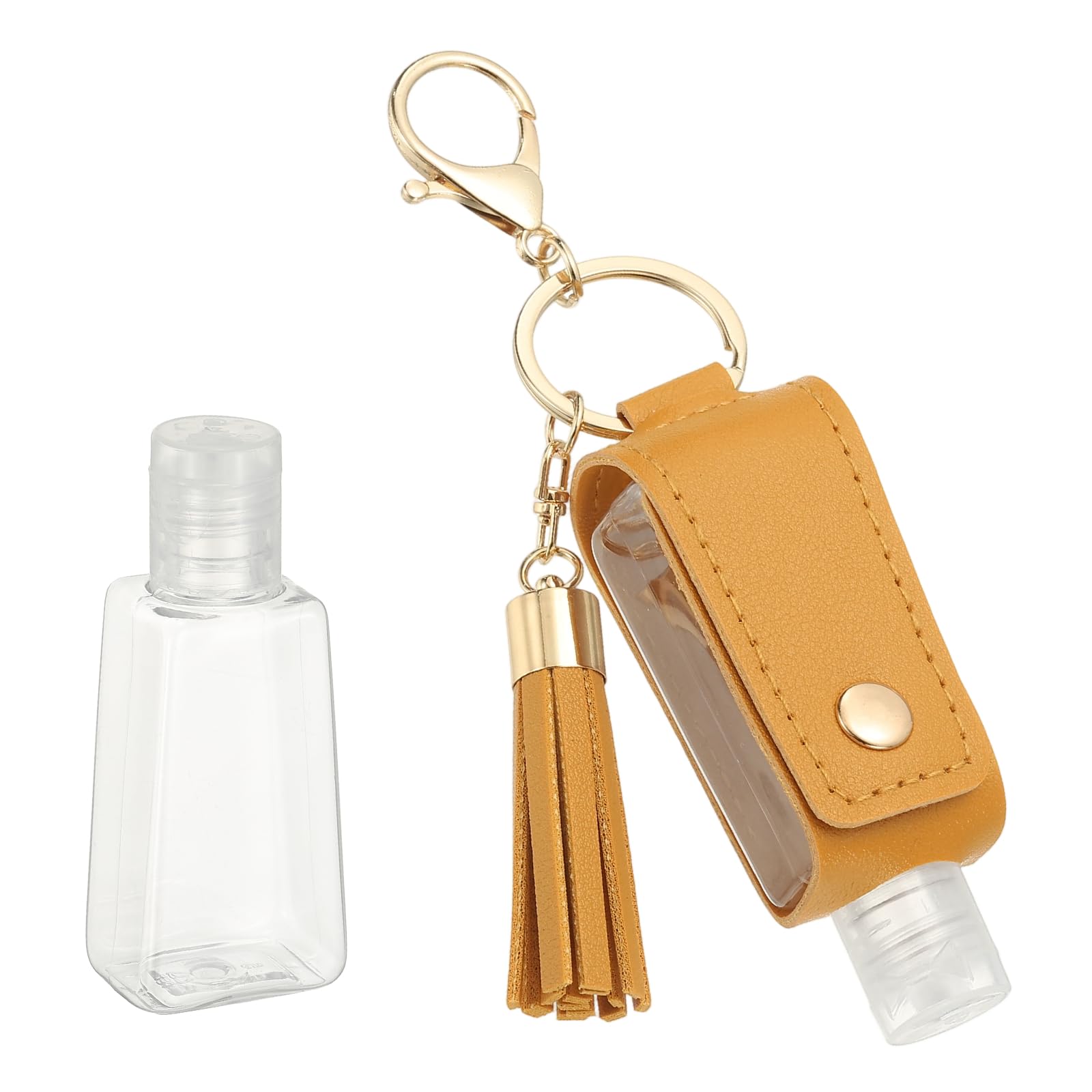 sourcing map Portable Travel Empty Bottle with Keychain, 30ml PU Leather Mini Squeeze Bottles, Hand Liquid Refillable Container Travel Size for Toiletry Lotion Shampoo Liquid Soap, Yellow