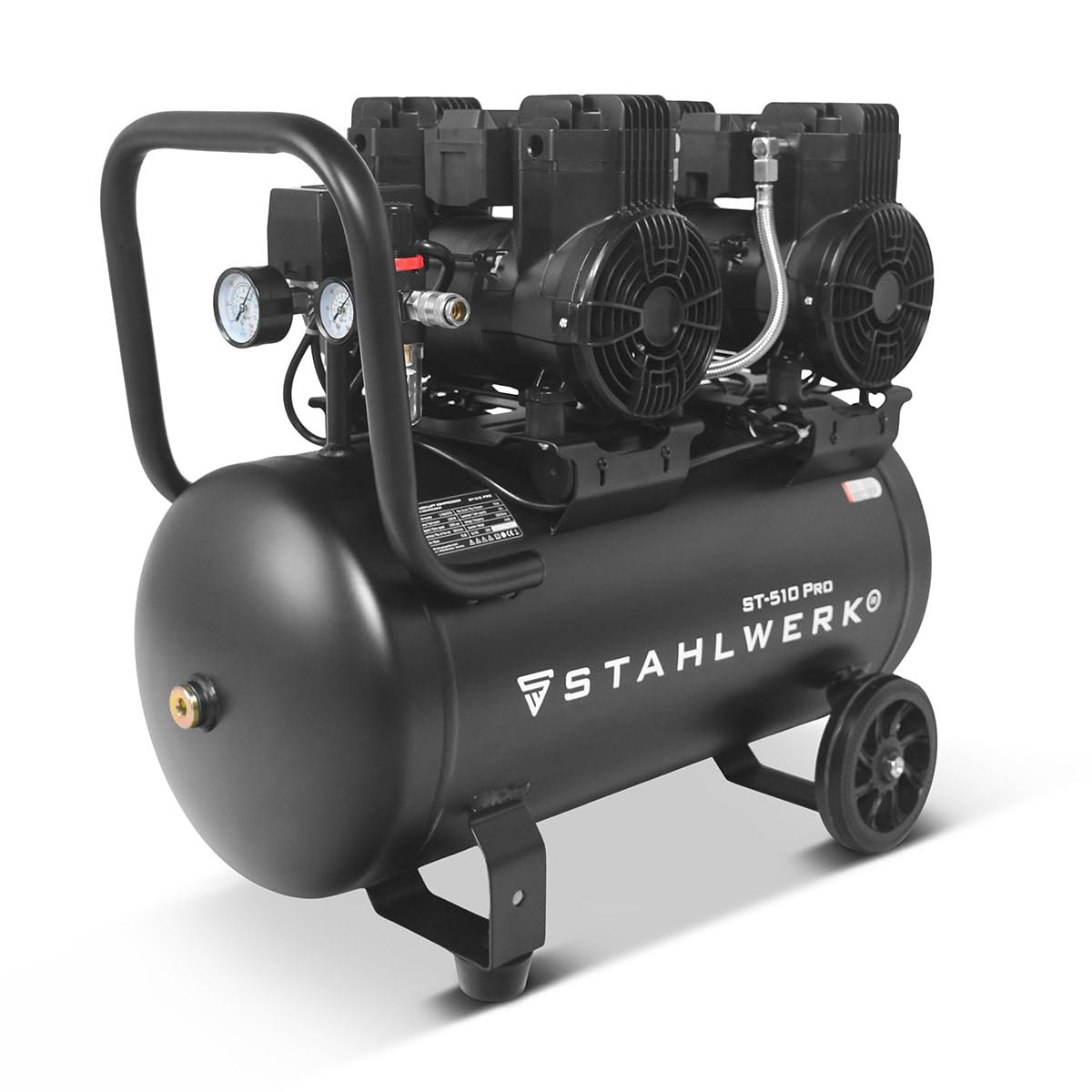 STAHLWERK Compresor con tanque de 50 L (ST-510 Pro) – sin aceite y silencioso, 10 bar, compresor de aire con motores sin escobillas, 3,94 CV, 2,9 kW, 500 l/min, compresor de pistón silencioso