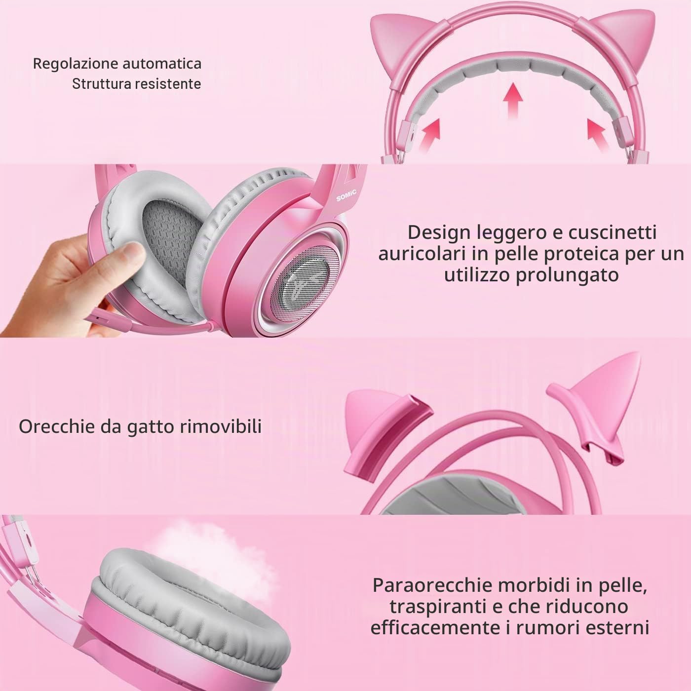 SOMIC G951pink - Cuffie da gioco per PC, PS4, PS5, laptop, cuffie da gioco con microfono con cancellazione del rumore, luce LED, suono surround virtuale 7.1 per ragazze, donne