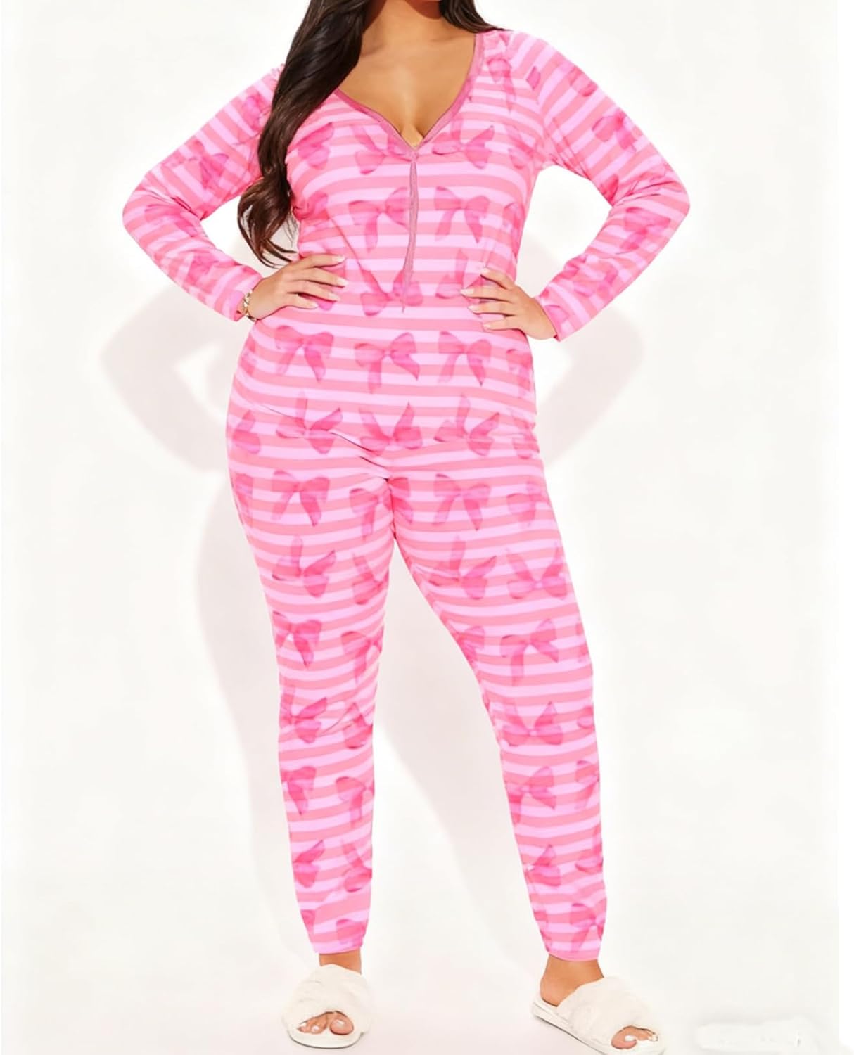 Women Valentine's Bodycon Pajama Jumpsuit V Neck Long Sleeve Button One Piece Rompers Overall Sleepwear Loungewear - Image 4