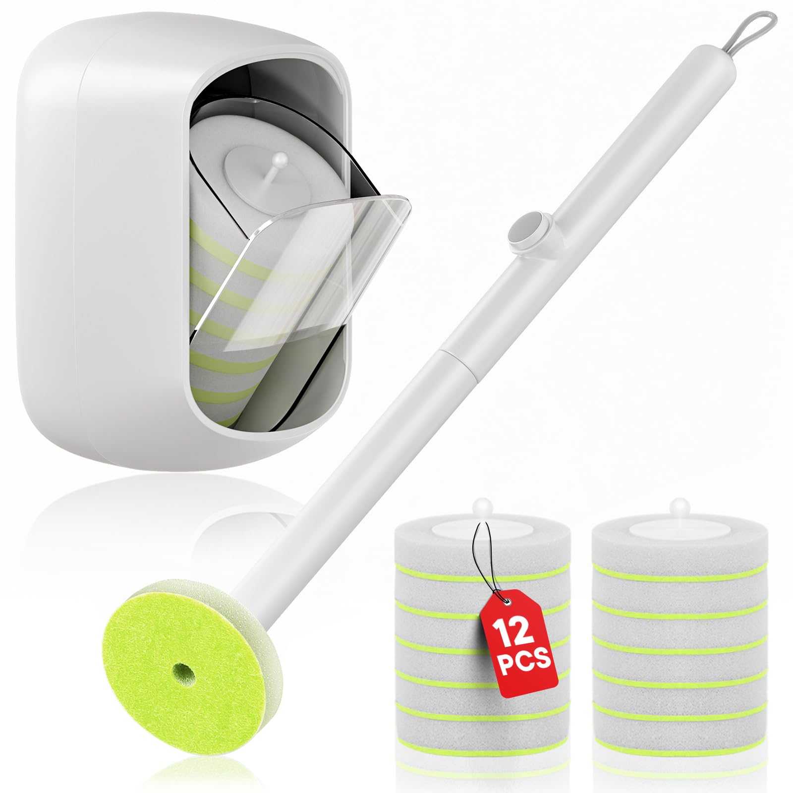 Disposable Toilet Brush and Holder Set, Toilet Bowl Cleaner Wand with 12 Refill Heads, Toilet Brush for Bathroom, Toilet Bowl Brush and Holder, Toilet Scrubber Kit with Storage
