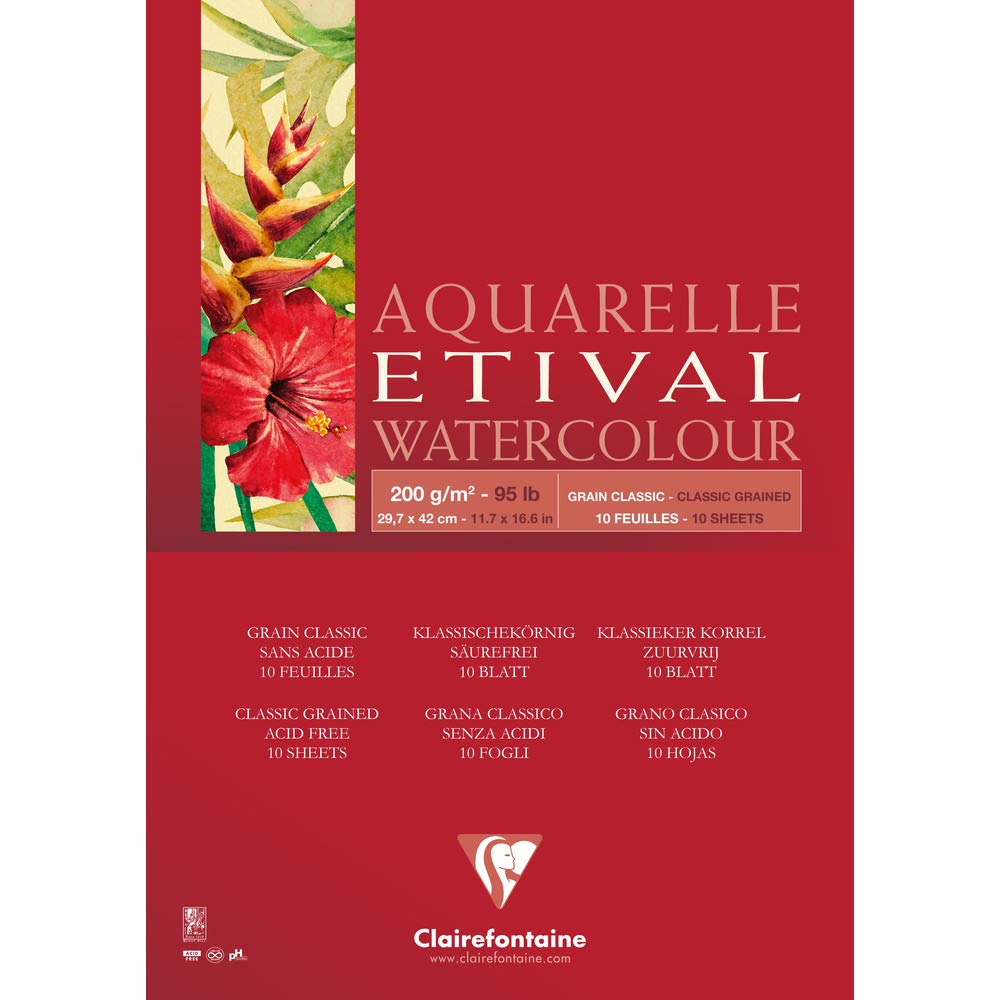 Clairefontaine - Ref 96375C - Etival Classic Grained Glued Watercolour Painting & Drawing Pad (10 Sheets of Paper) - A3 (42 x 29.7cm) - 200gsm Cellulose Art Paper