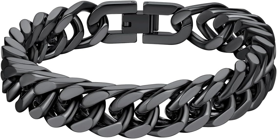 Richsteel Mens Cuban Link Bracelets, Silver/Black/14K Gold Plated Stainless Steel Bracelet for Men 8/12/17mm Width, 7.4/8.2/9 Inch Length Chain Wrist Bracelets With Gifts Box
