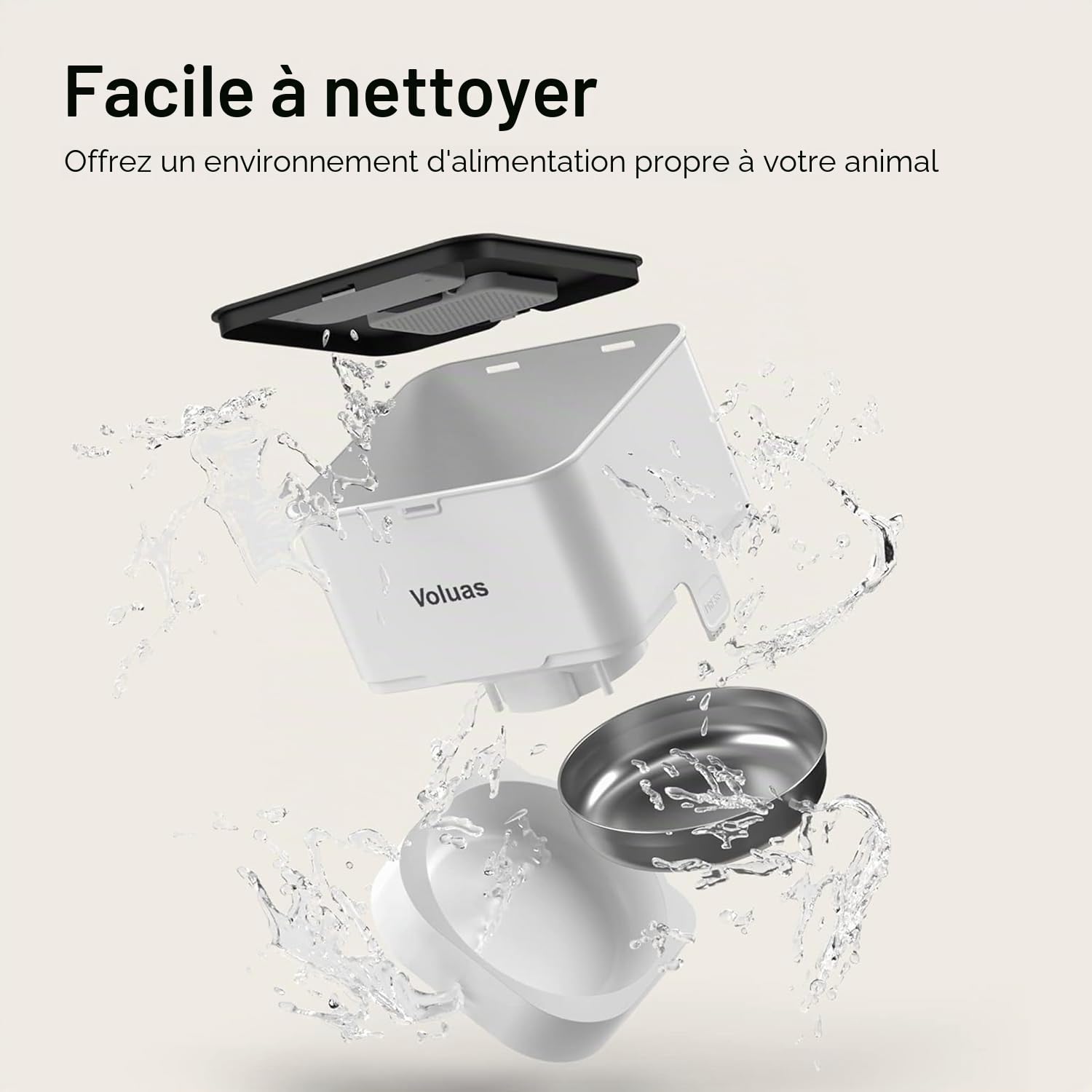 VOLUAS Distributeur Automatique Nourriture Chats et Chiens, Nourriture Sèche avec Sac Désiccant, Programmable, Contrôle Portion 4 Repas/Jour.