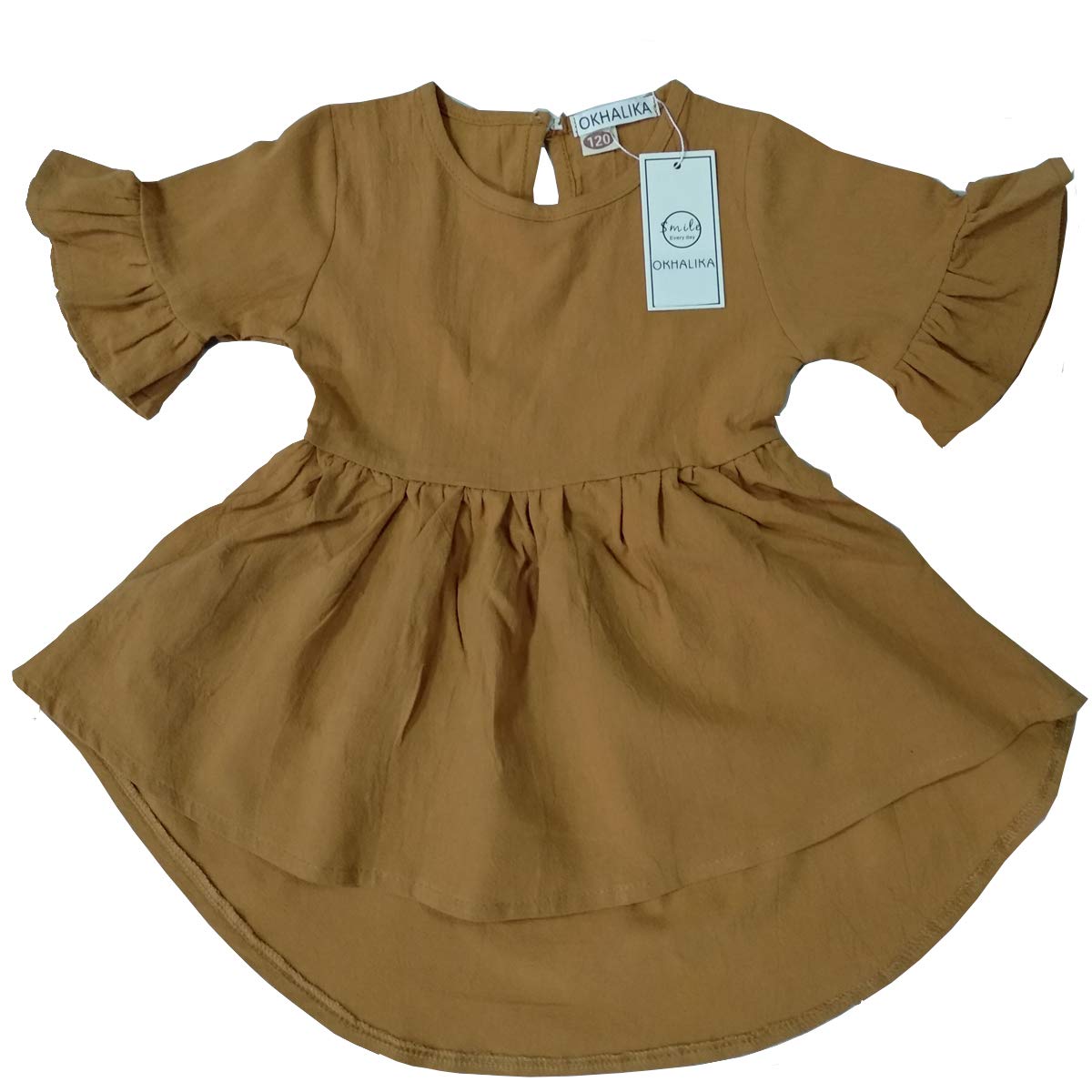 OKHALIKA Toddler Baby Girls Dress Summer Flare Sleeve Solid Color Irregular Sundress Clothing (Turmeric, 4-5T)