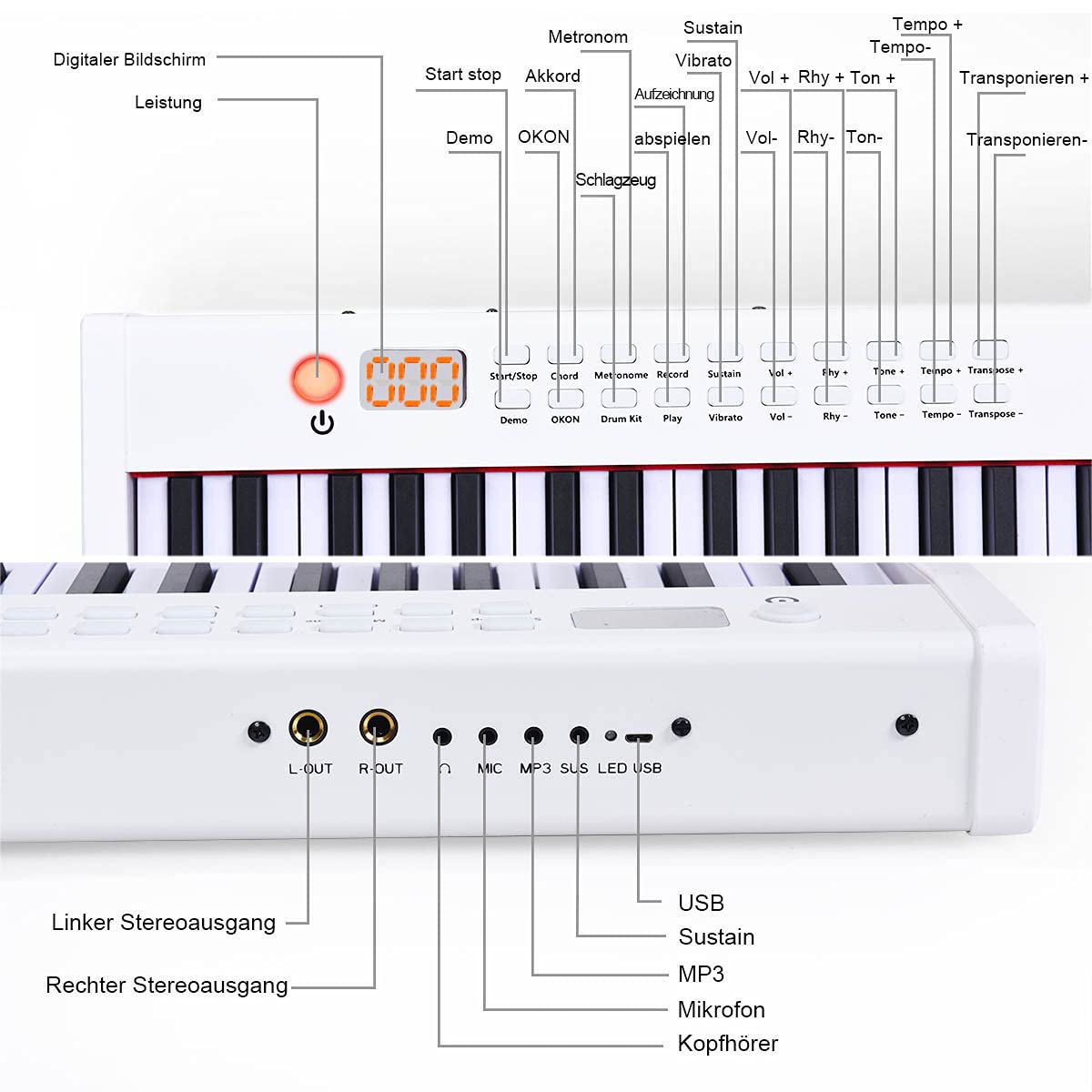 GOPLUS 61/88 Tasten Digitalpiano mit Anschlagdynamischen Standardtasten, Tragbares E-Klavier mit 128 Klänge & Rhythmen, Pedal, Keyboard mit Lehr- & Metronom-Funktionen, MIDI(88 Tasten, Weiß)