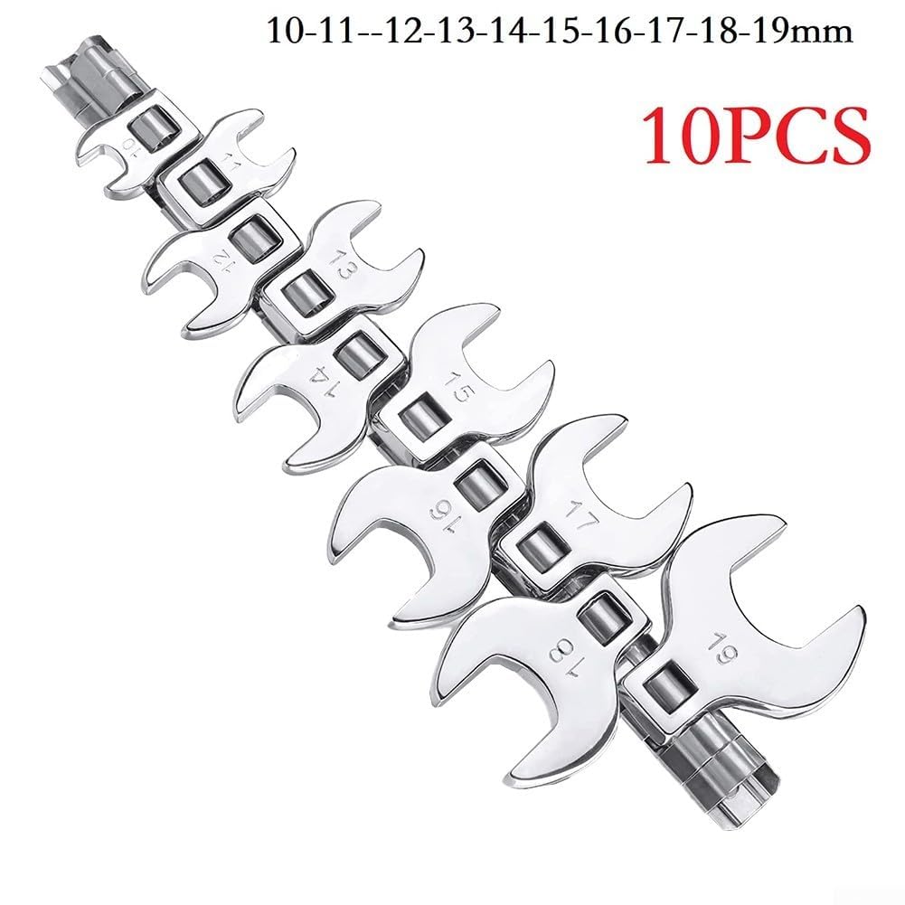 Zestaw 10 kluczy płasko-oczkowych Crowfoot, napęd 3/8 cala, metryczny, mm-19 mm, uniwersalny zestaw narzędzi do napraw samochodowych i mechanicznych, srebrny, trudno dostępnych elementów złącznych