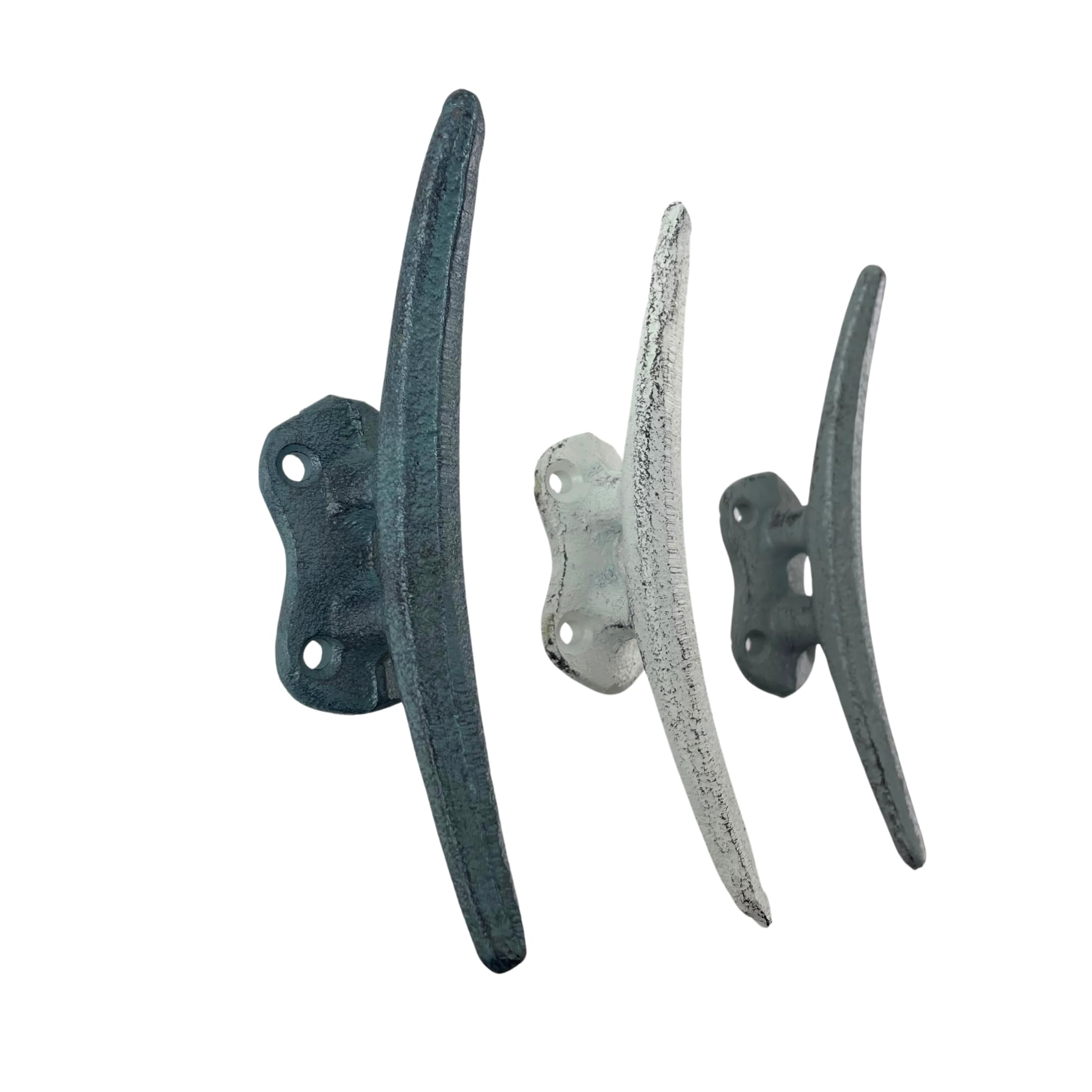 Zeckos Set of 3 Boat Cleat Wall Hooks, 5.5 Inch Blue Gray White Cast Iron