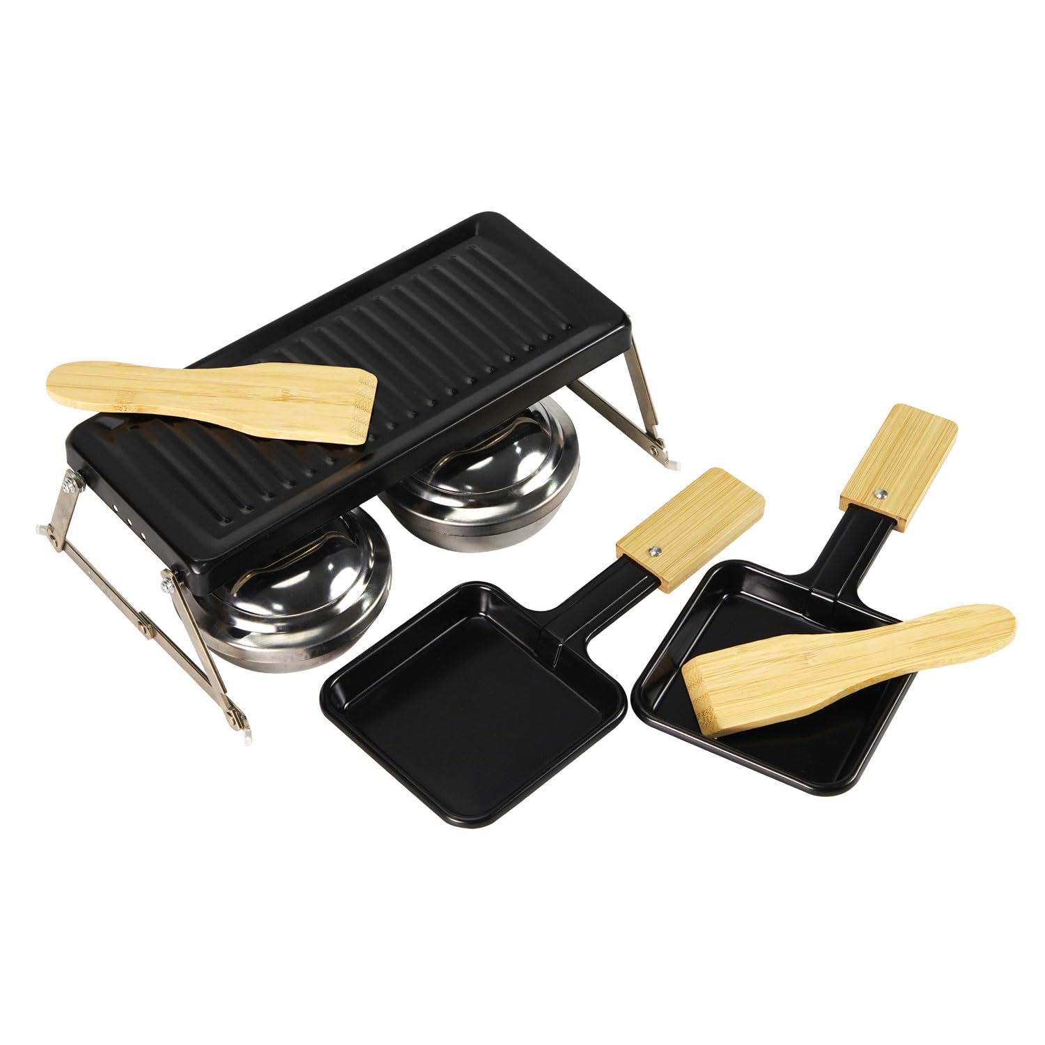 Mini Appareil à Raclette Portable pour 2 Personnes, Plaque Antiadhésive avec Gril, 2 Brûleurs à Alcool, 2 Spatules et Support Métallique Pliable pour Camping, Pique-nique et BBQ