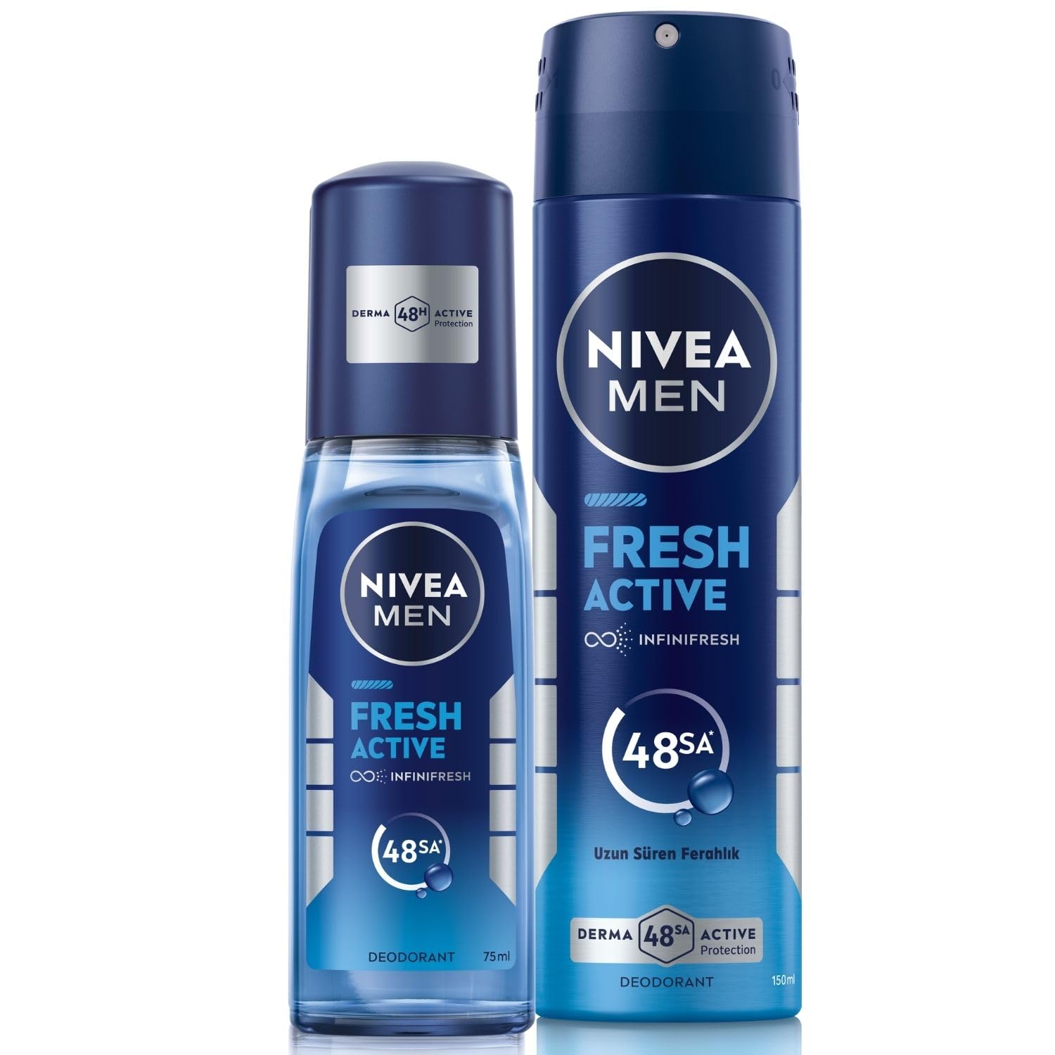 NIVEA MEN Erkek Pump Sprey Deodorant Fresh Active 75ml, Ter Ve Ter Kokusuna Karşı 48 Saat Koruma + NIVEA MEN Erkek Sprey Deodorant Fresh Active 150 ml