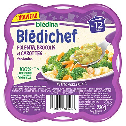 Blédina - Blédichef - Repas Bébé 12 Mois - Plats Bébé - Polenta Brocolis Carottes Fondantes - Petits Morceaux - 100% Ingrédients d'Origine Naturelle - Dès 12 Mois - Assiette de 230g Cover