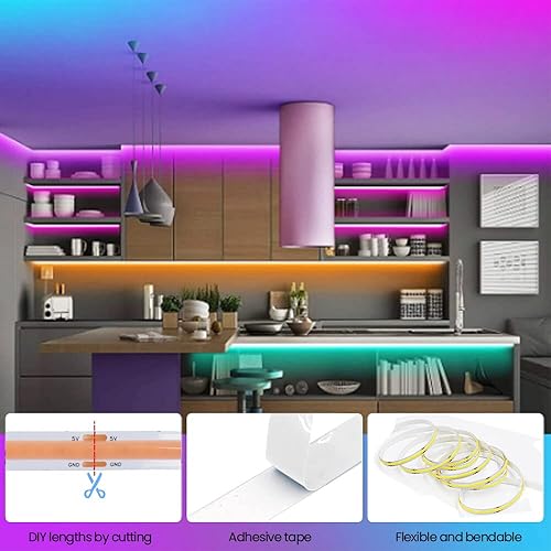 Miniatura 8 de Wisada Tira de luz LED COB azul de 16.4 ft, DC 5 V 320 LEDsM de alto brillo para uso en interiores, IP21, no impermeable, flexible, para