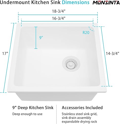 Miniatura 57 de Fregadero de cocina blanco, fregadero de barra blanca de 17 pulgadas, fregadero de barra de montaje inferior de 17 x 19 x 10 pulgadas