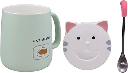 Miniatura 10 de Ebros - Taza de café de porcelana con mango en forma de lengua, cuchara y tapa de cara sonriente, taza de café o té de porcelana, 14 onzas, para