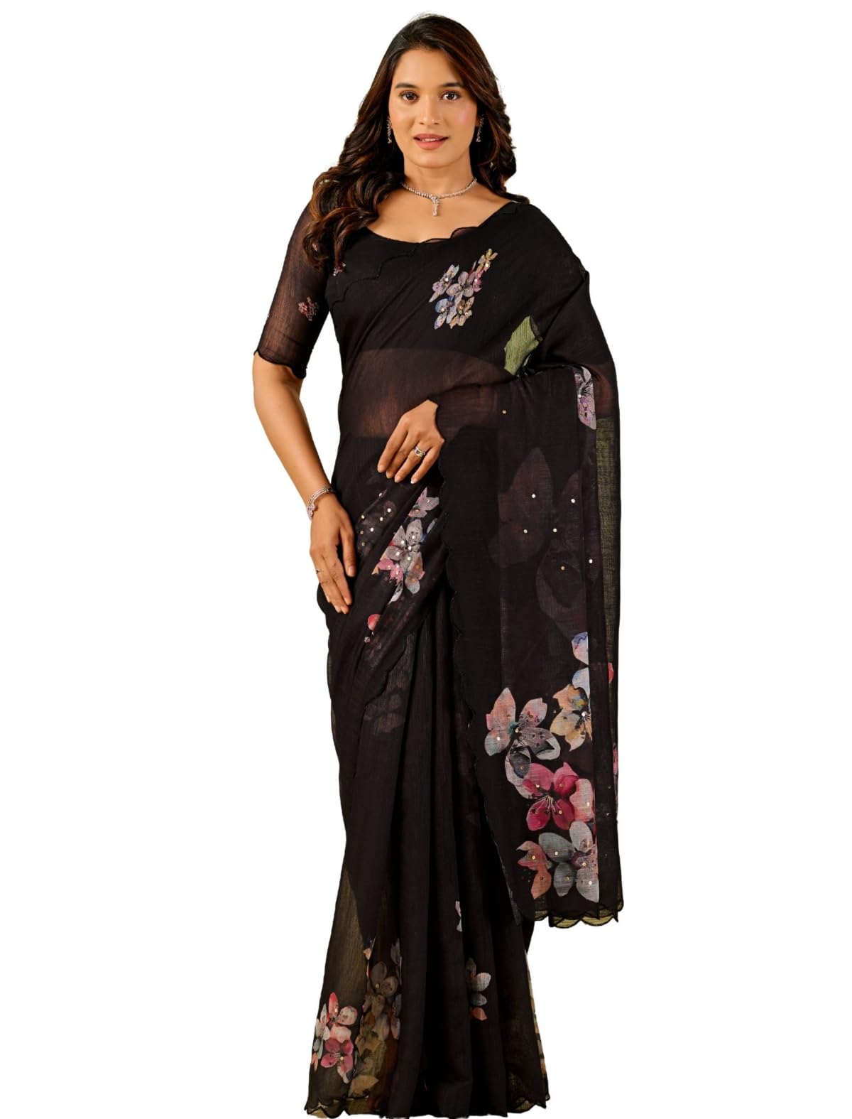 Women's Floral Printed Work Linen Saree with Unstitched Plain Blouse Piece and Regular Fit | Net Saree For Women | Sarees Georgette For Women | Banarasi Cotton Sarees-picture-36