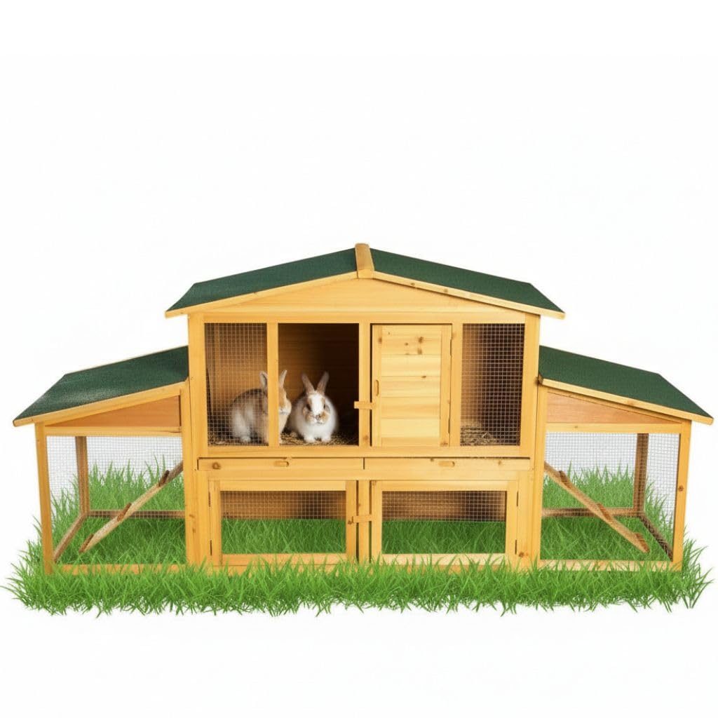 Melko® - Conigliera XXL per piccolo animale domestico con recinto, ca.215 x 73 x 100 cm, in legno, incl.2 rampe + 2 cassetti