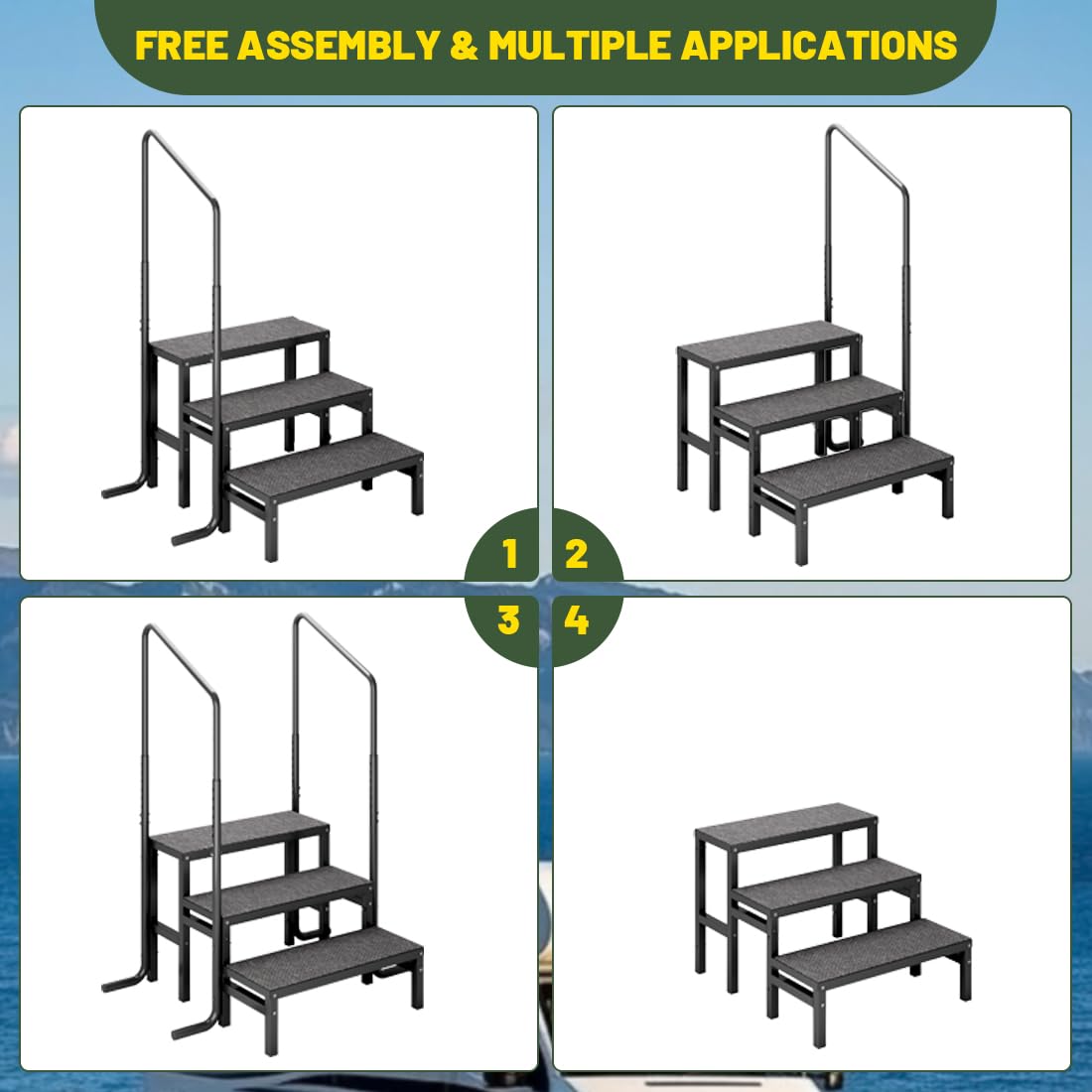 Escalera de 3 niveles para caravana, antideslizante, con 2 pasamanos, 3 niveles para caravanas, camping, caravanas, remolques de viaje (3 pasos mejorados)