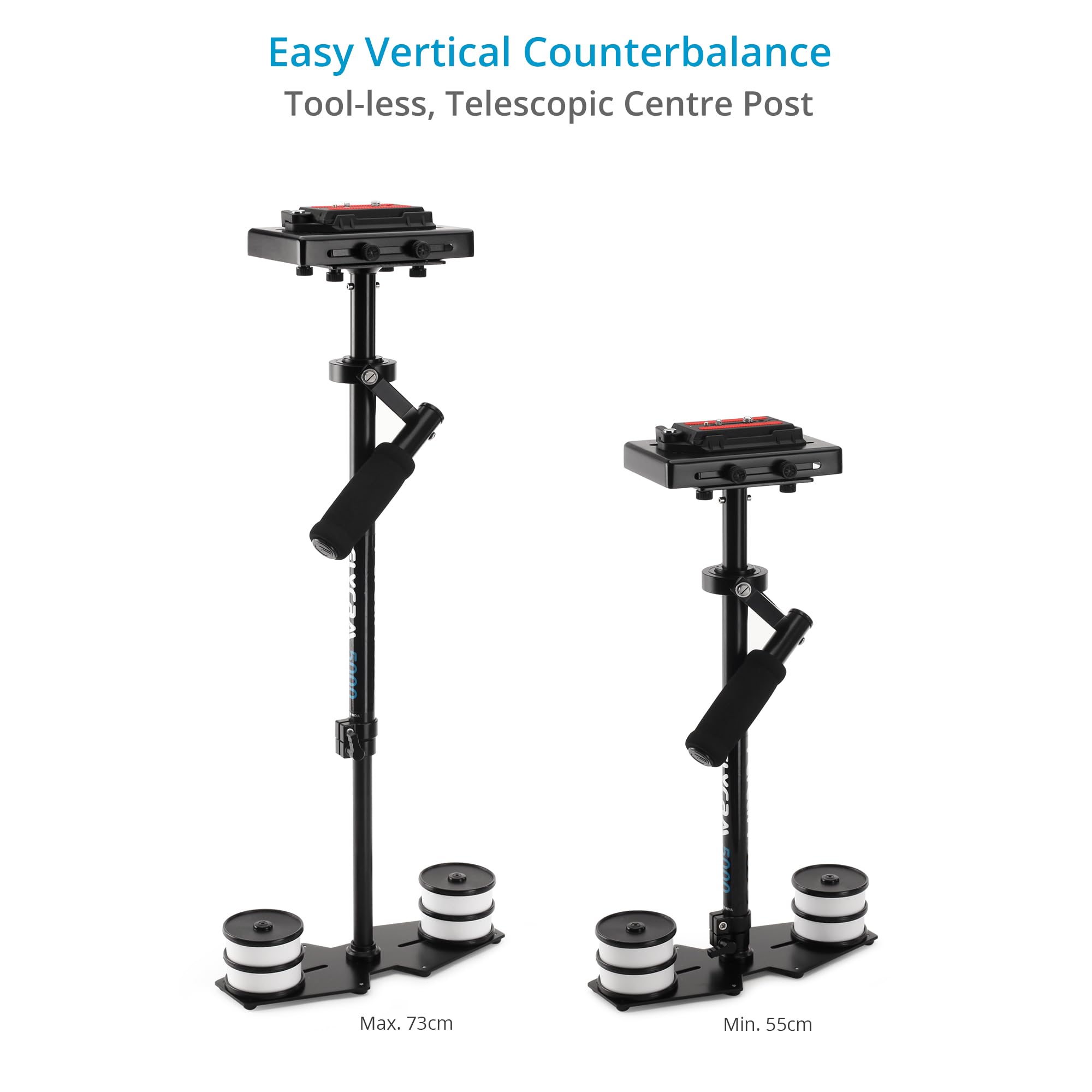 Flycam Estabilizador de mano 5000 con placa de liberación rápida y abrazadera de mesa para cámaras de vídeo DSLR. Cardán de 3 ejes con empuñadura de espuma. Rango de altura: 55-73 cm. Carga útil de