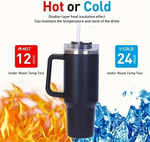 Miniatura 2 de Vaso de 40 onzas con asa y tapa con popote, botella de agua de acero inoxidable de doble pared con aislamiento, perfecta para bebidas frías y