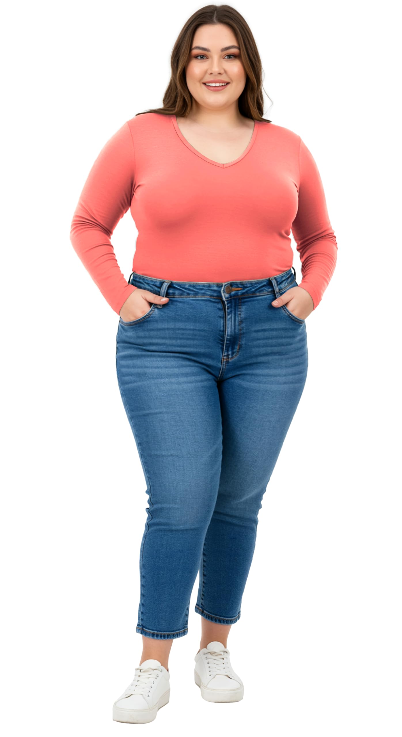Emmalise T-shirt à manches longues et col en V pour femme Junior et grande taille