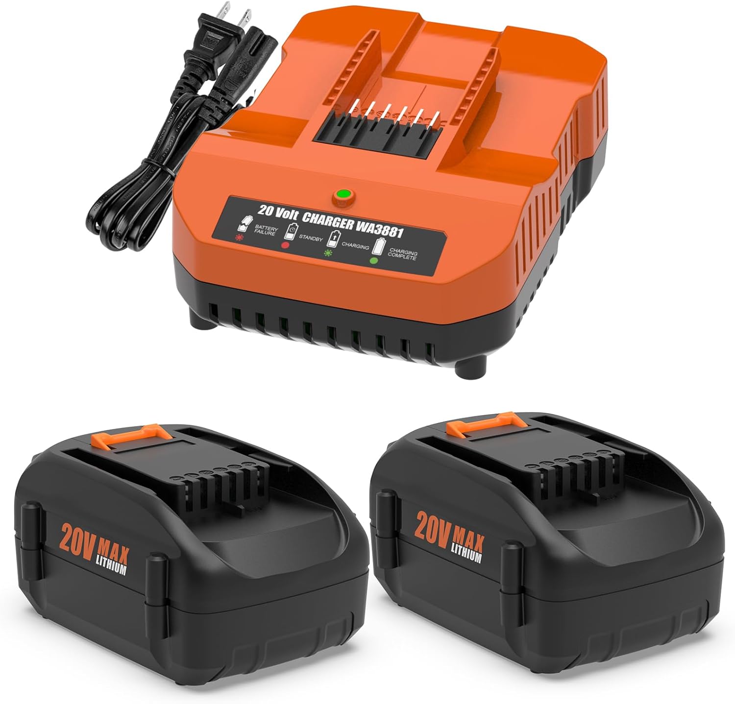 2 Pack 6.5Ah Replacement for Worx 20V Battery and Charger Compatible with All Worx Battery 20V WA3525 WA3575 WA3520 WG151s WG155s WG545s