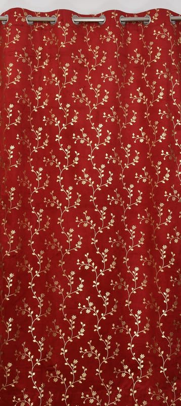 Image of Heavy Velvet Fabric Luxury Looks Room Darkening Floral Designer Curtains 10 Feet for Long Door, Maroon, Pack of 2 Pieces