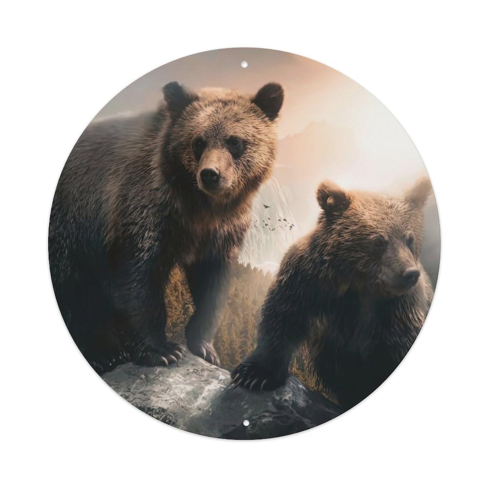 Two Grizzly Bears Wildlife Artwork Vintage Metal Tin Sign Plaque Wall Decor for Cafe, Club Bar, Office, Garden Metal Poster 8x8Inch