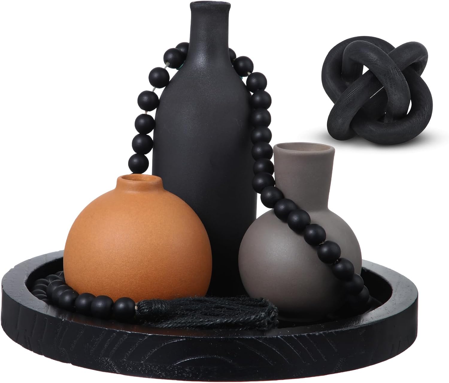 6 Pieces Ceramic Vase Set with Wood Link Chain and Bead Garland Decorative Vase Boho Rustic Farmhouse Natural Wooden Link Decor for Living Room Home Table Shelf Decor(Black)