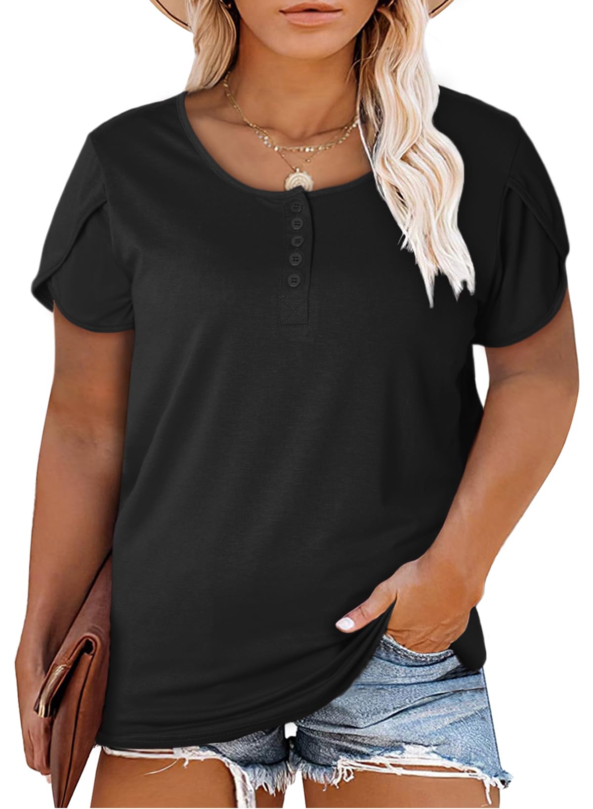 EytinoPlus Size Tops for Women Summer Crewneck Petal Short Sleeve Henley Shirts Casual Loose Tunic Blouse(1X-5X)