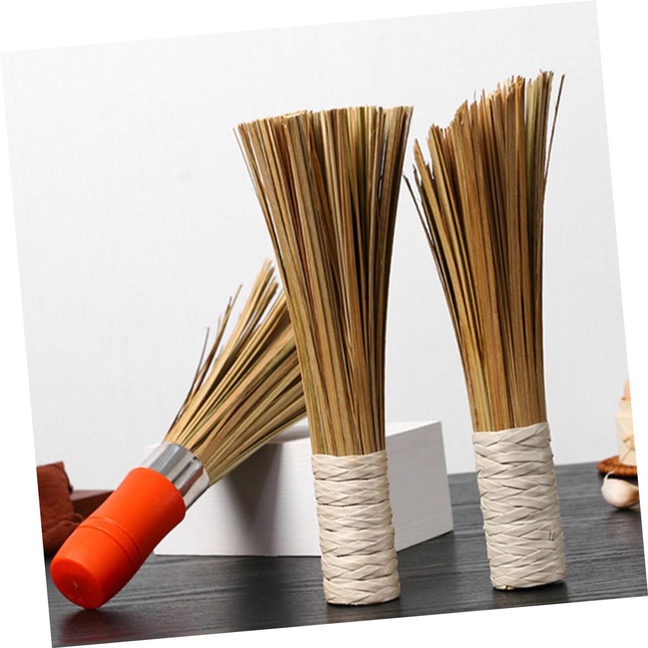 2pcs Natural Bamboo Pot Brush Frying Pan Cooking Brush Kitchen Scrub Dish Holder