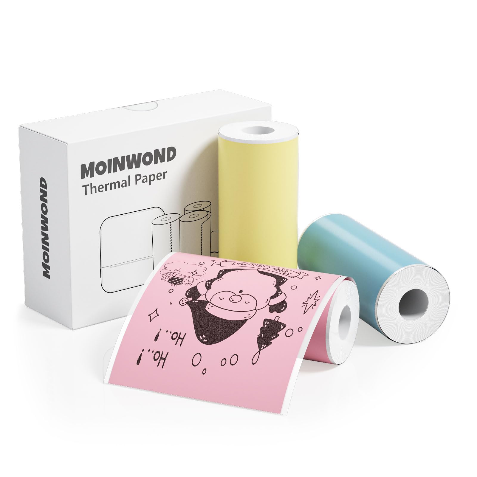 Supmoyin Thermal Paper Self-Adhesive Sticker Paper, Black on Pink/Blue/Yellow 57 x 25mm, 3-Rolls for Texts Notes Journal Photo and Notebuddy